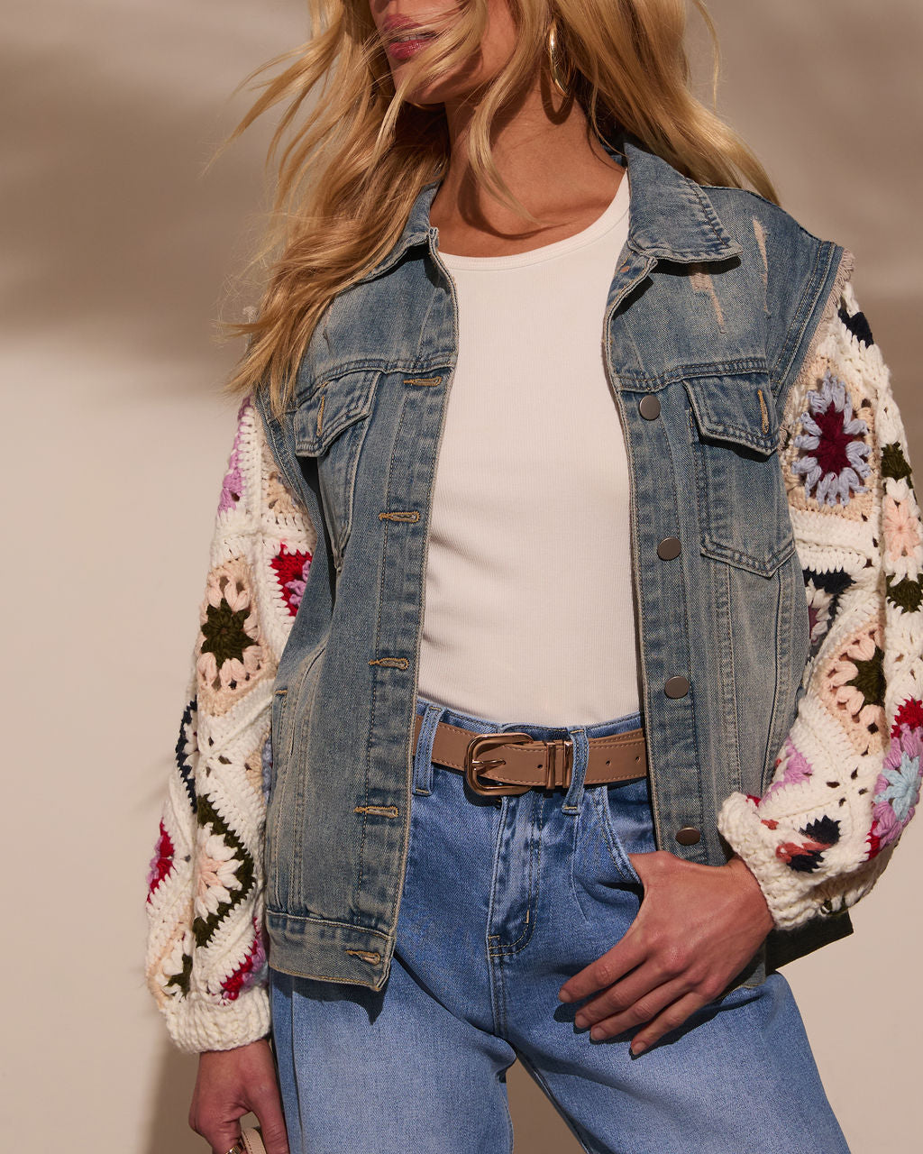 Alek Crochet Sleeve Denim Jacket-Vogue Logic