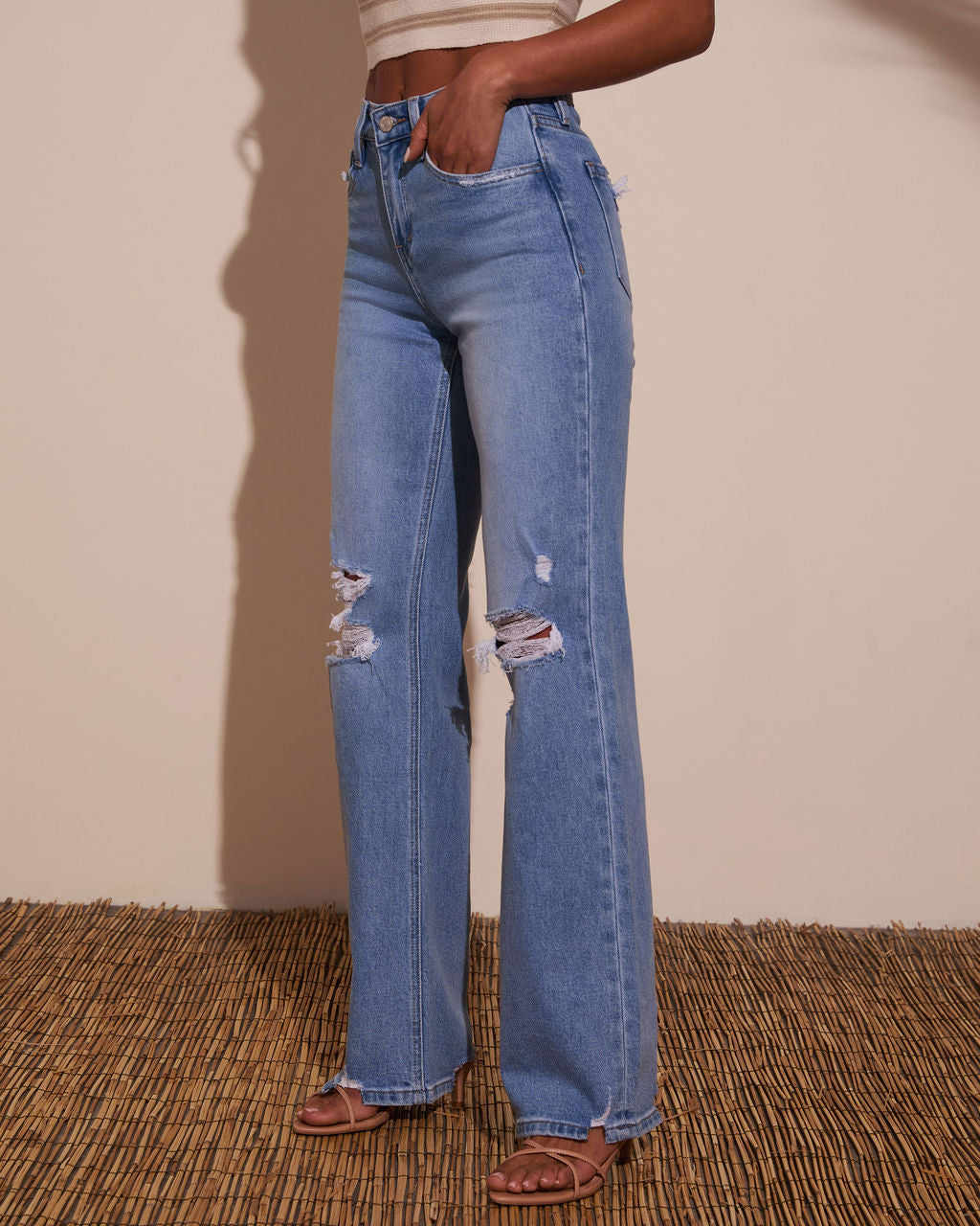 Katie Stretch Distressed Wide Leg Jeans-Vogue Logic
