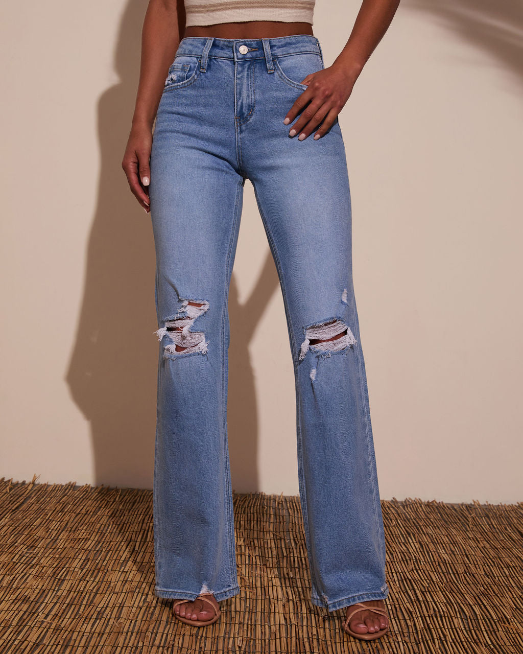 Katie Stretch Distressed Wide Leg Jeans-Vogue Logic
