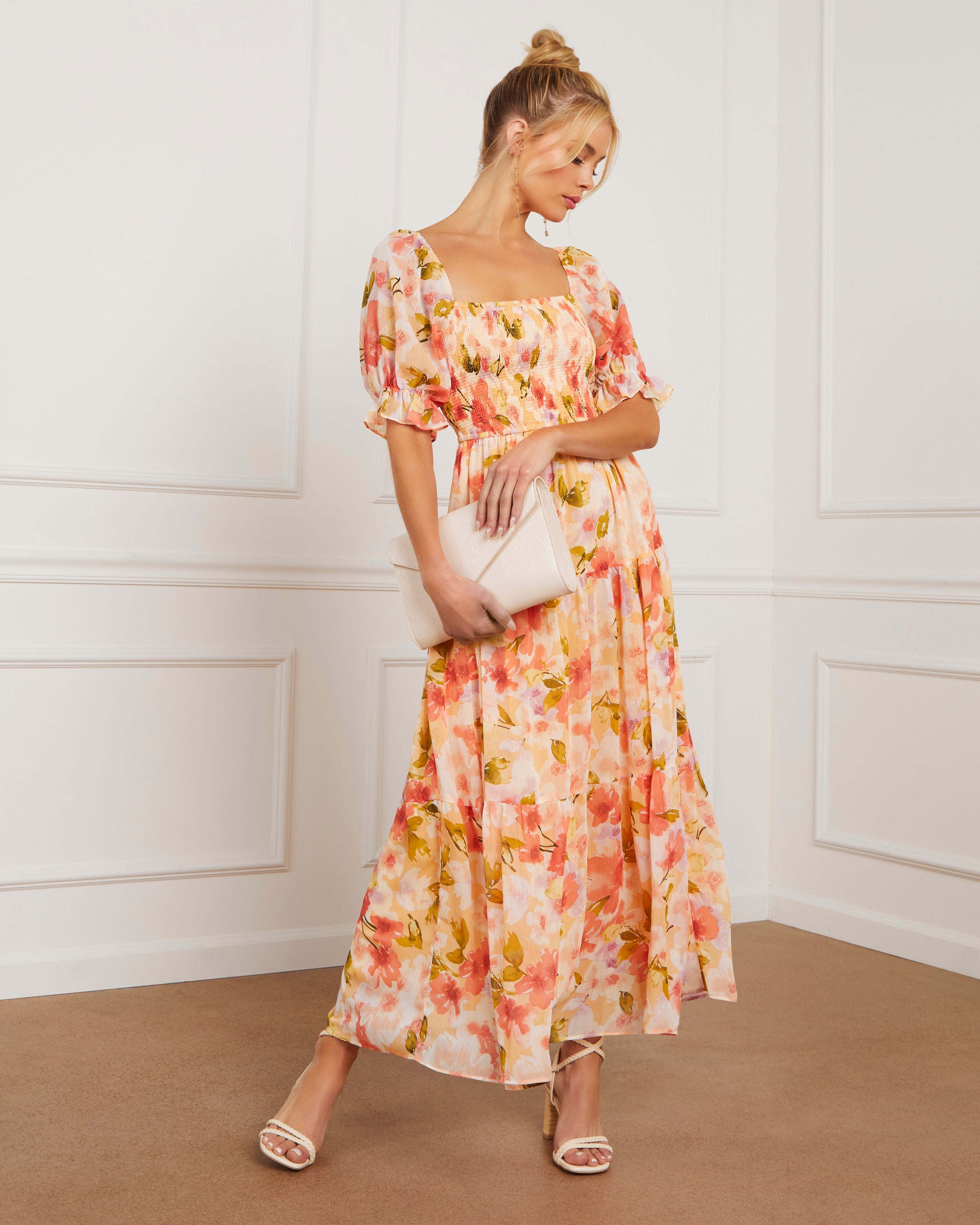 Floral Fantasy Skies Smocked Tiered Puff Sleeve Maxi Dress-Vogue Logic