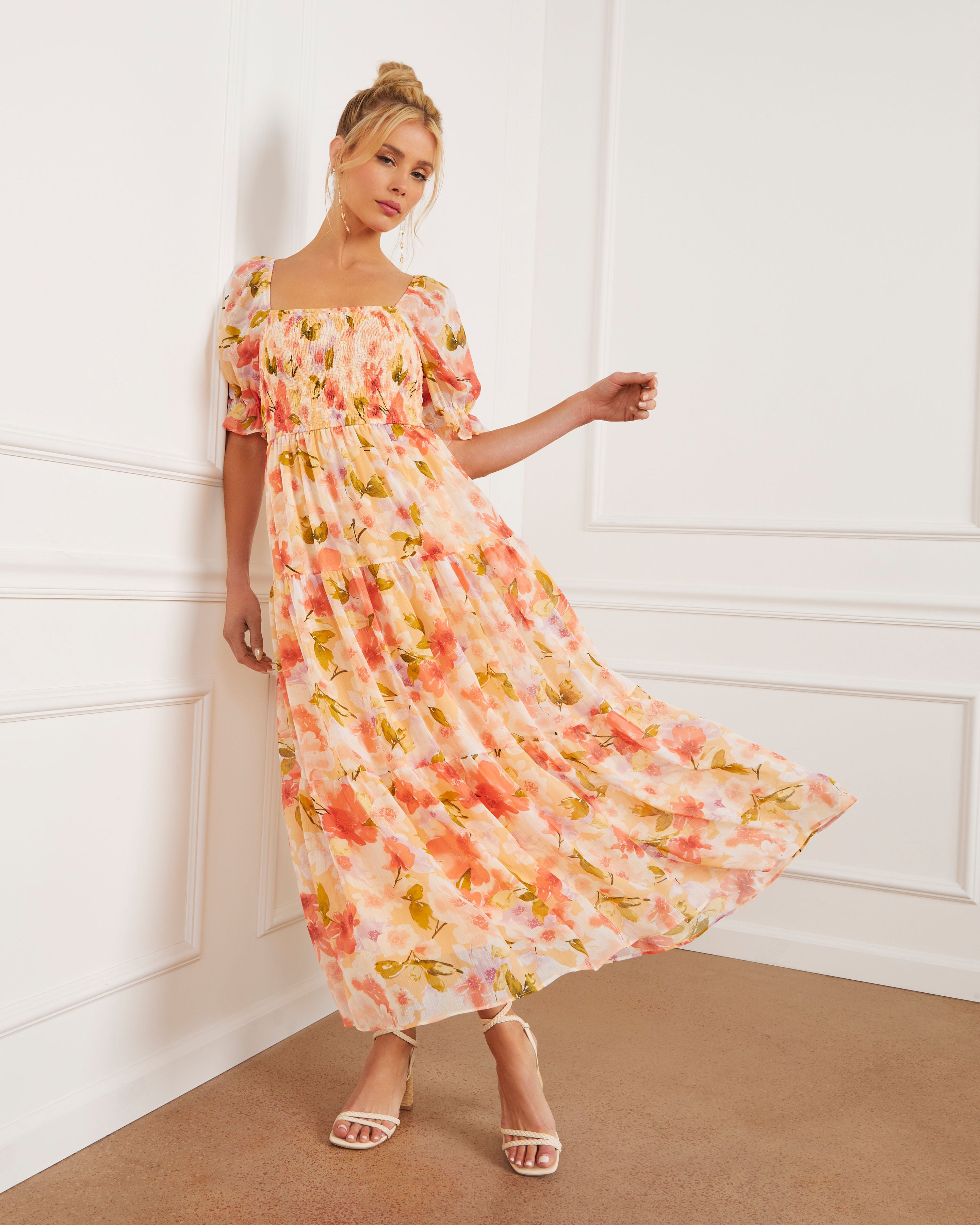 Floral Fantasy Skies Smocked Tiered Puff Sleeve Maxi Dress-Vogue Logic