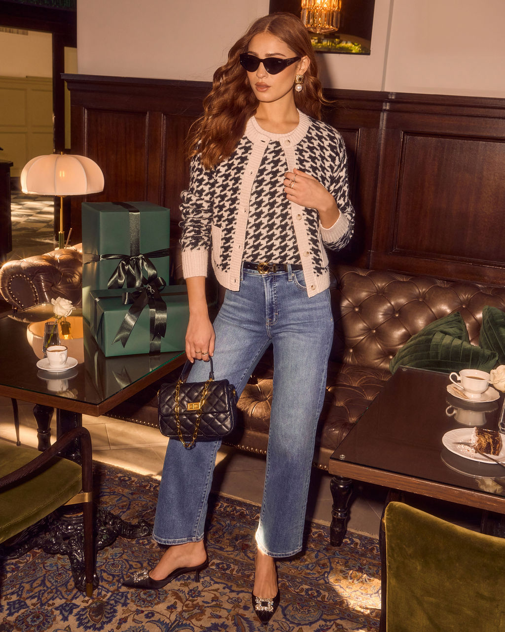 Maple Meadow Contrast Trim Houndstooth Cardigan-Vogue Logic