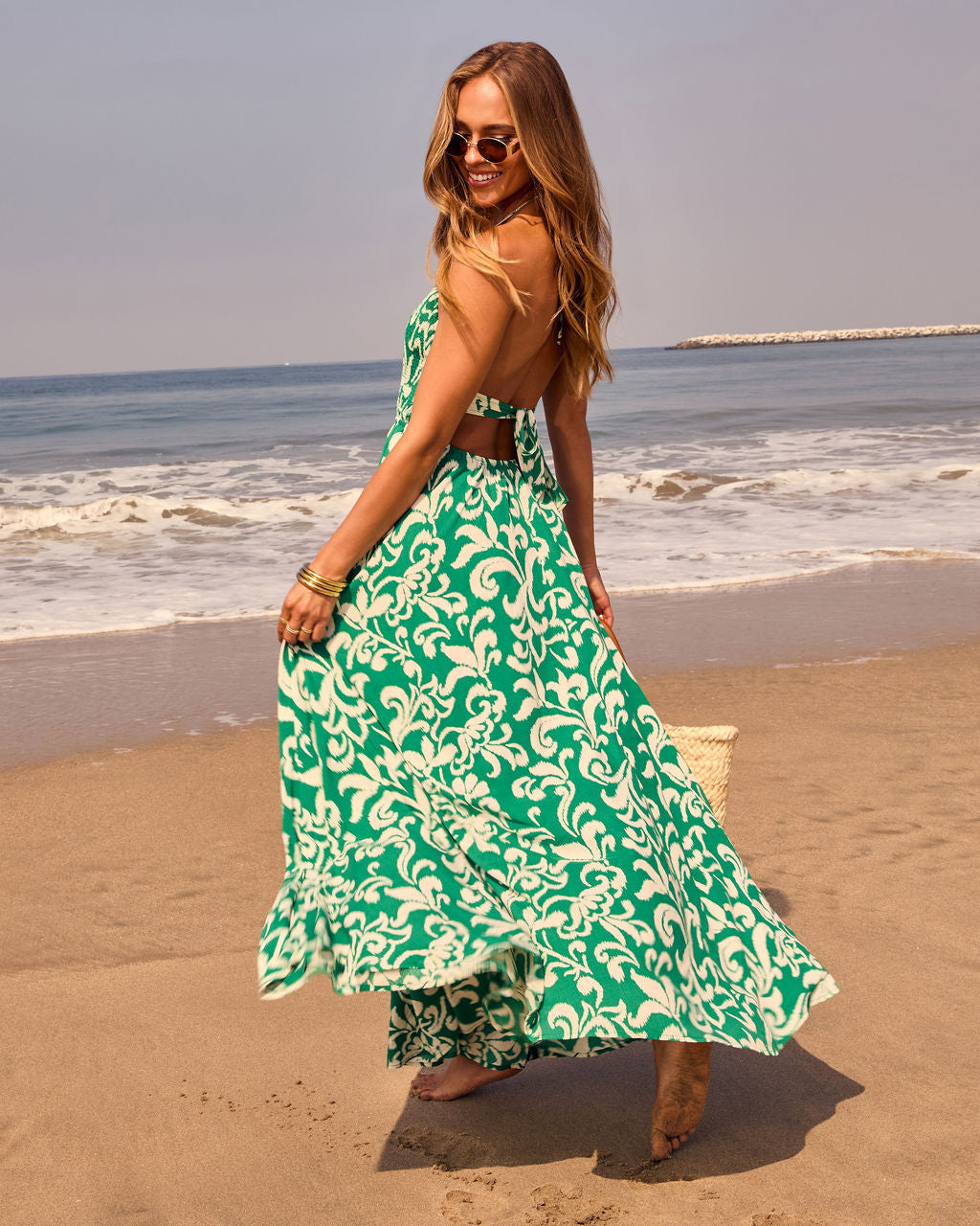 Beautiful Flowers Smocked Halter Maxi Dress-Vogue Logic
