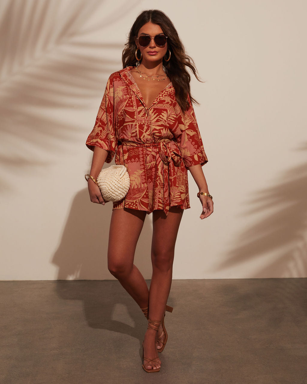 Out And About Printed Waist Tie Romper-Vogue Logic