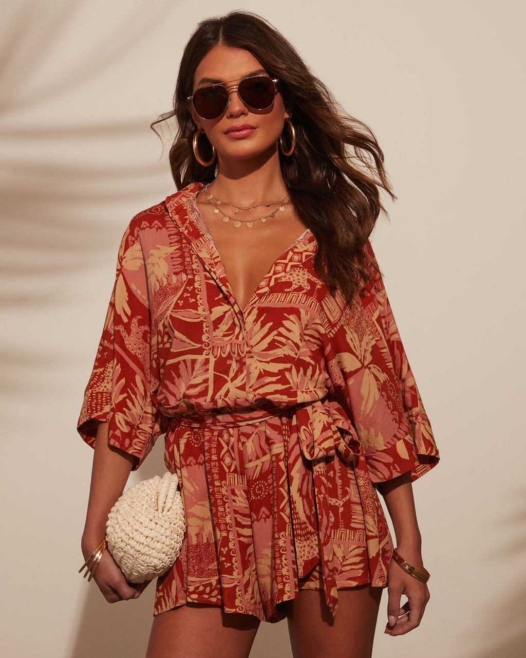 Out And About Printed Waist Tie Romper-Vogue Logic