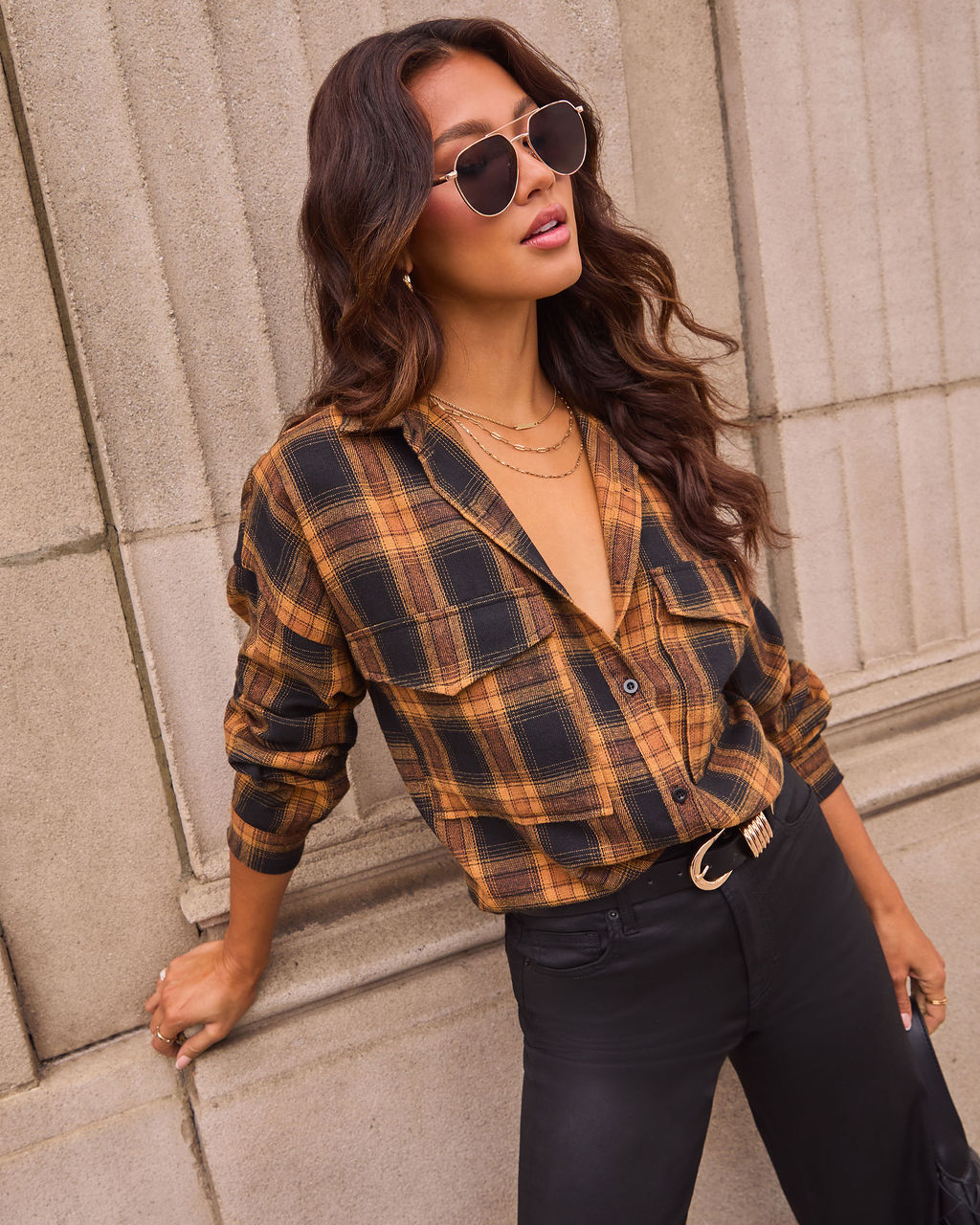 Petaluma Cotton Blend Plaid Button Down Top-Vogue Logic
