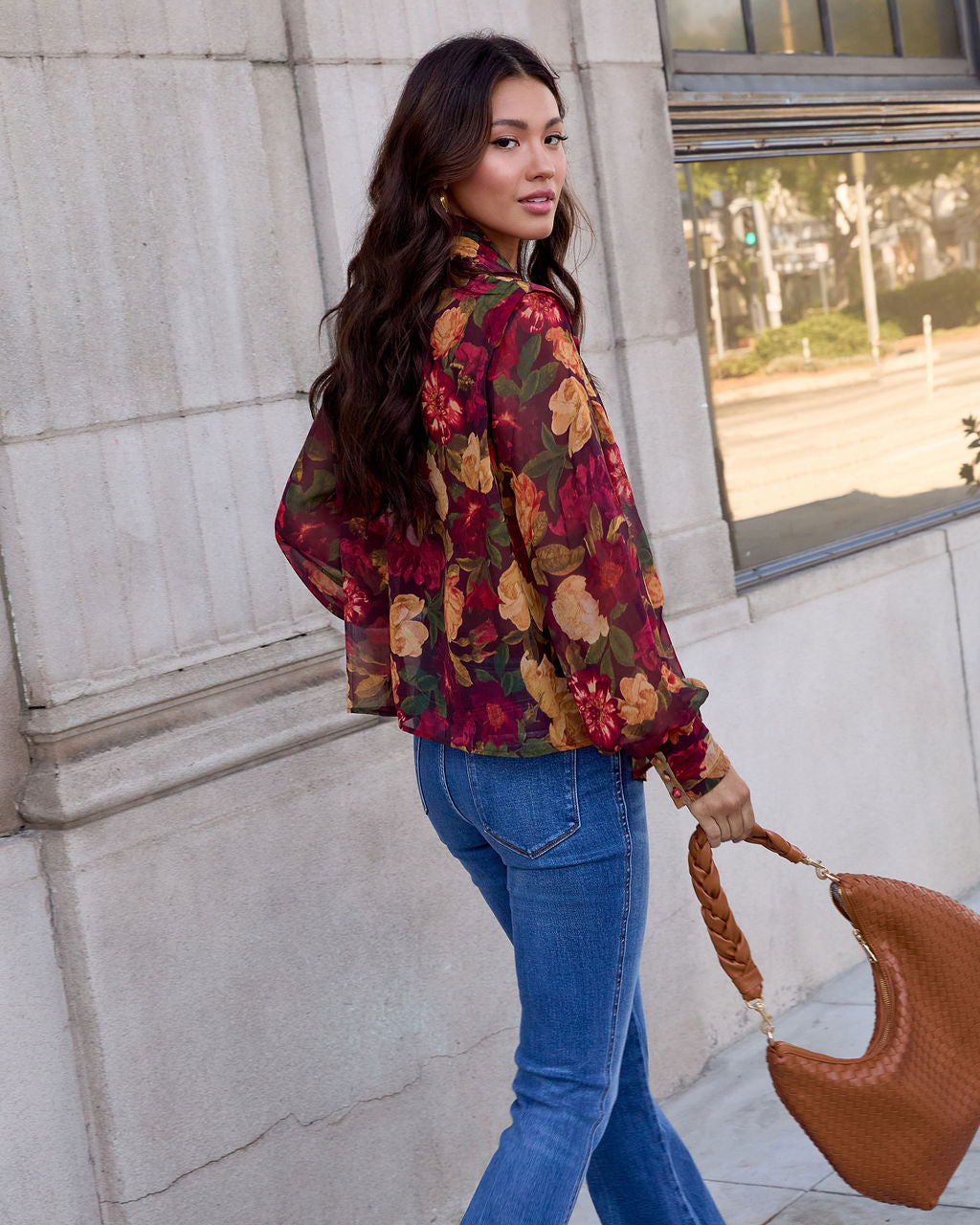 Sweet Maple Floral Mock Neck Blouse-Vogue Logic