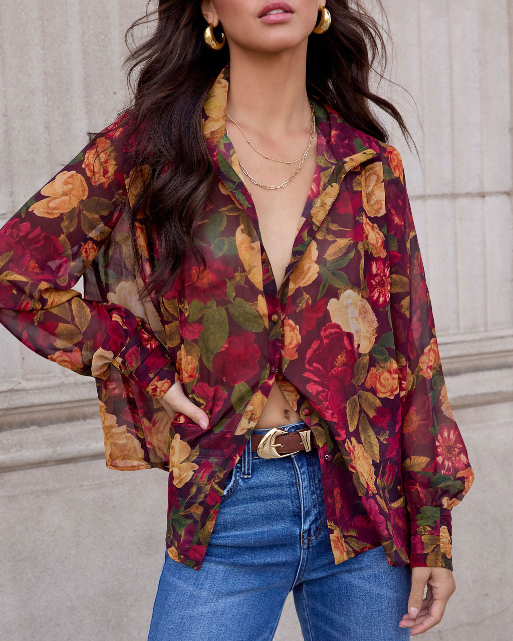 Sweet Maple Floral Mock Neck Blouse-Vogue Logic
