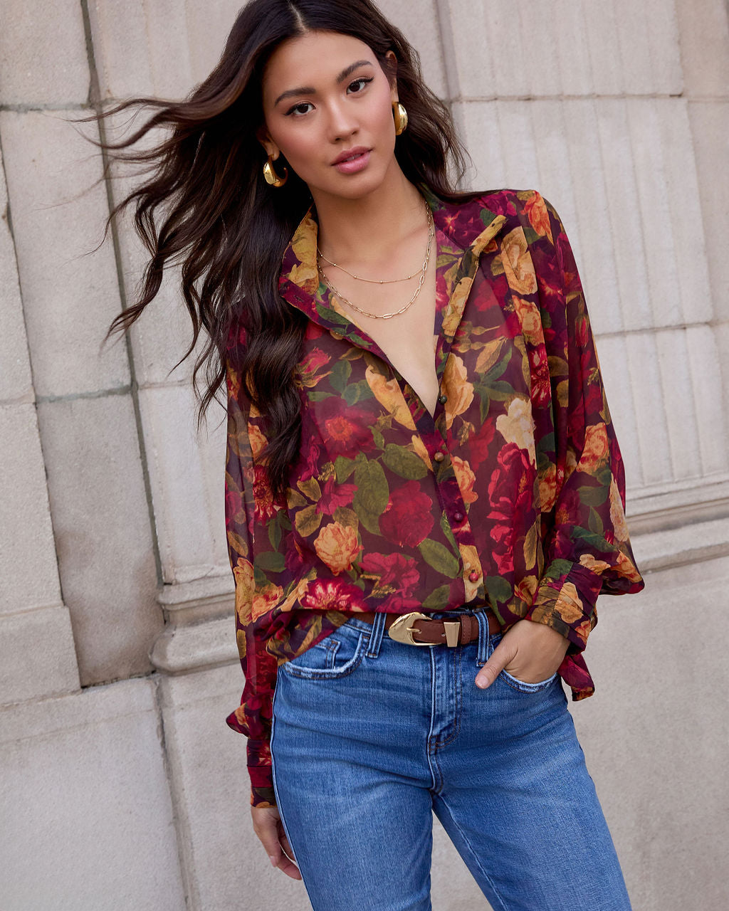 Sweet Maple Floral Mock Neck Blouse-Vogue Logic