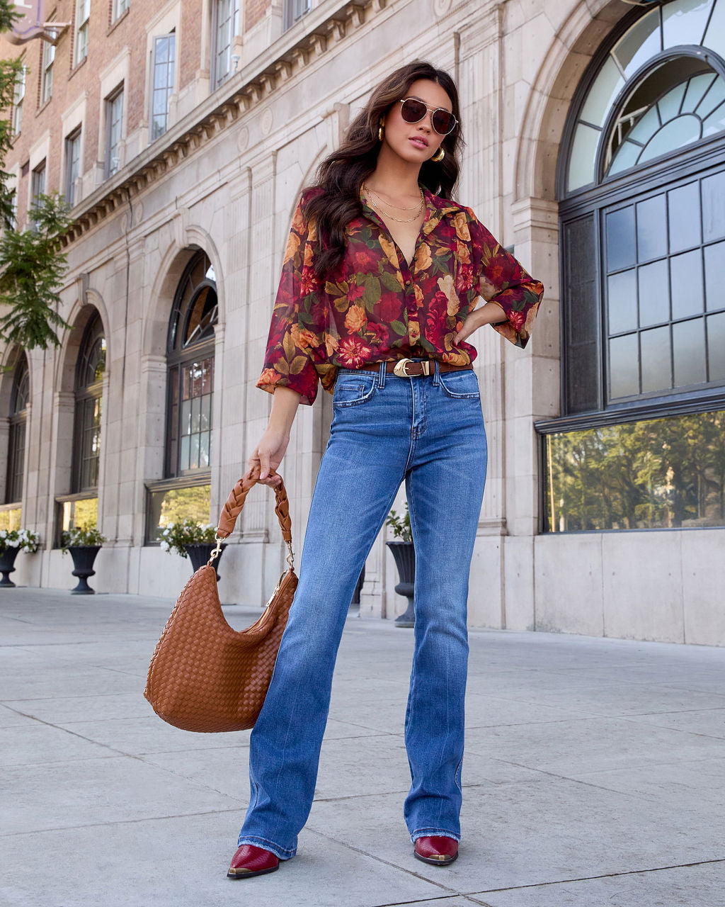 Sweet Maple Floral Mock Neck Blouse-Vogue Logic