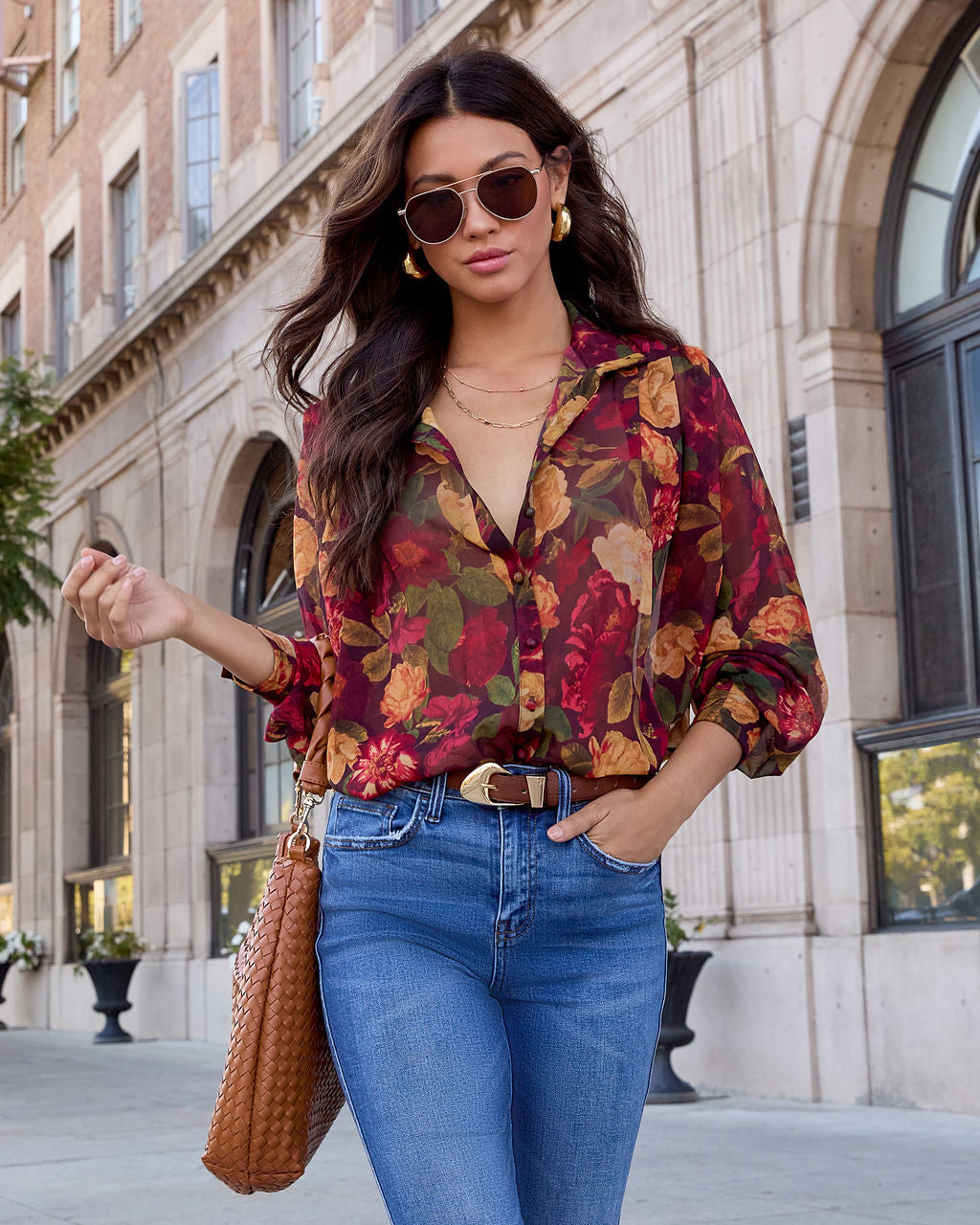 Sweet Maple Floral Mock Neck Blouse-Vogue Logic