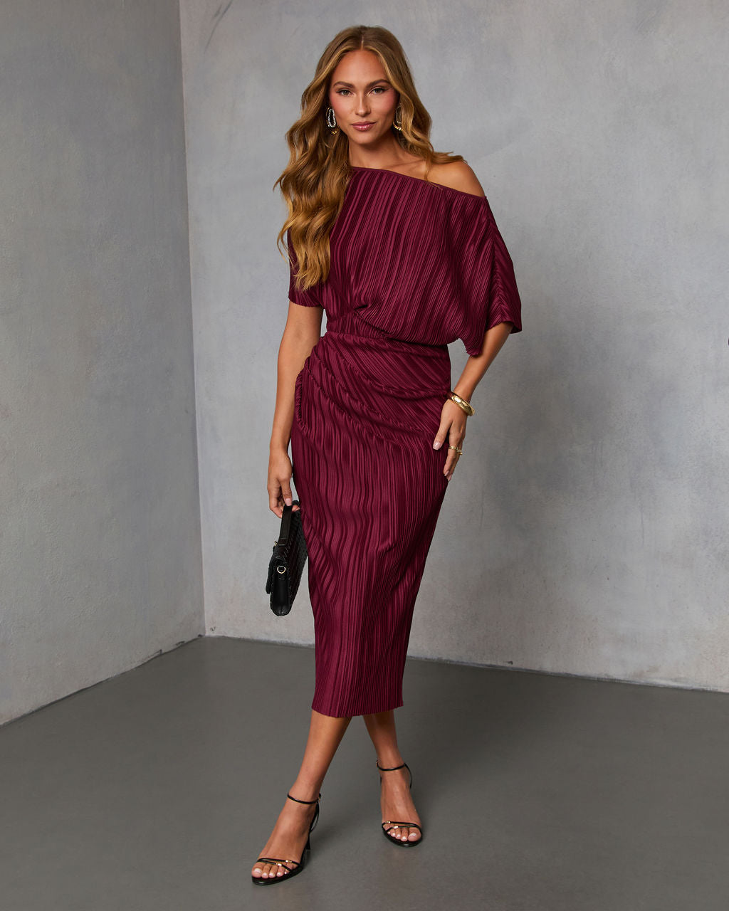 Ceyvan Off The Shoulder Plisse Maxi Dress-Vogue Logic