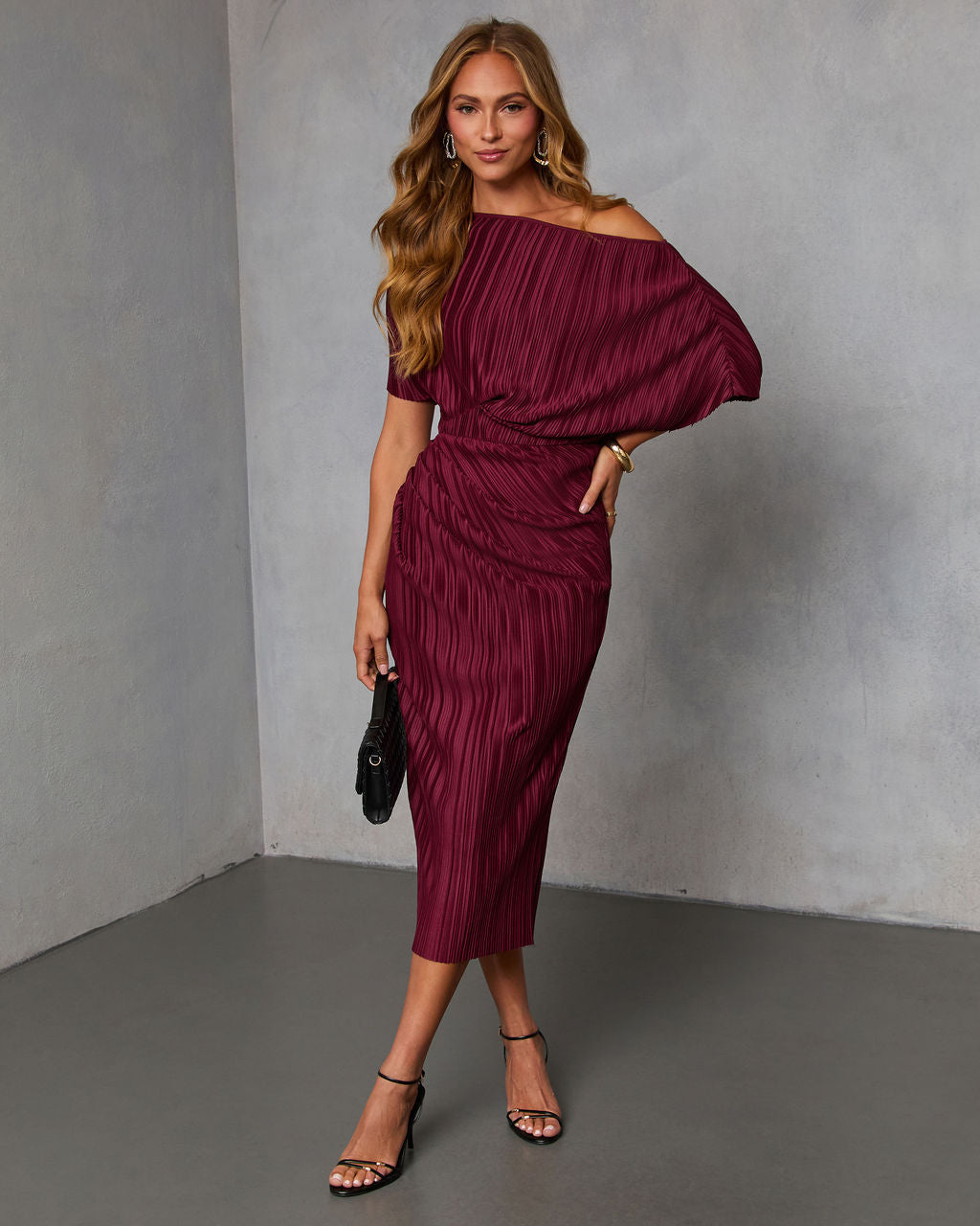 Ceyvan Off The Shoulder Plisse Maxi Dress-Vogue Logic