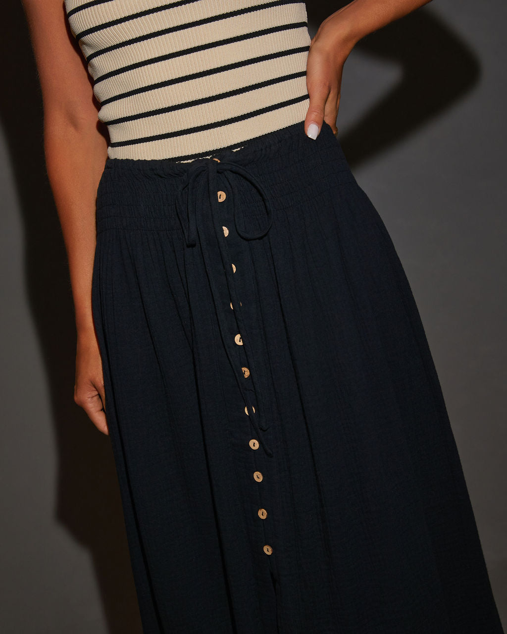 Serves Up Tie Waist Button Down Maxi Skirt-Vogue Logic