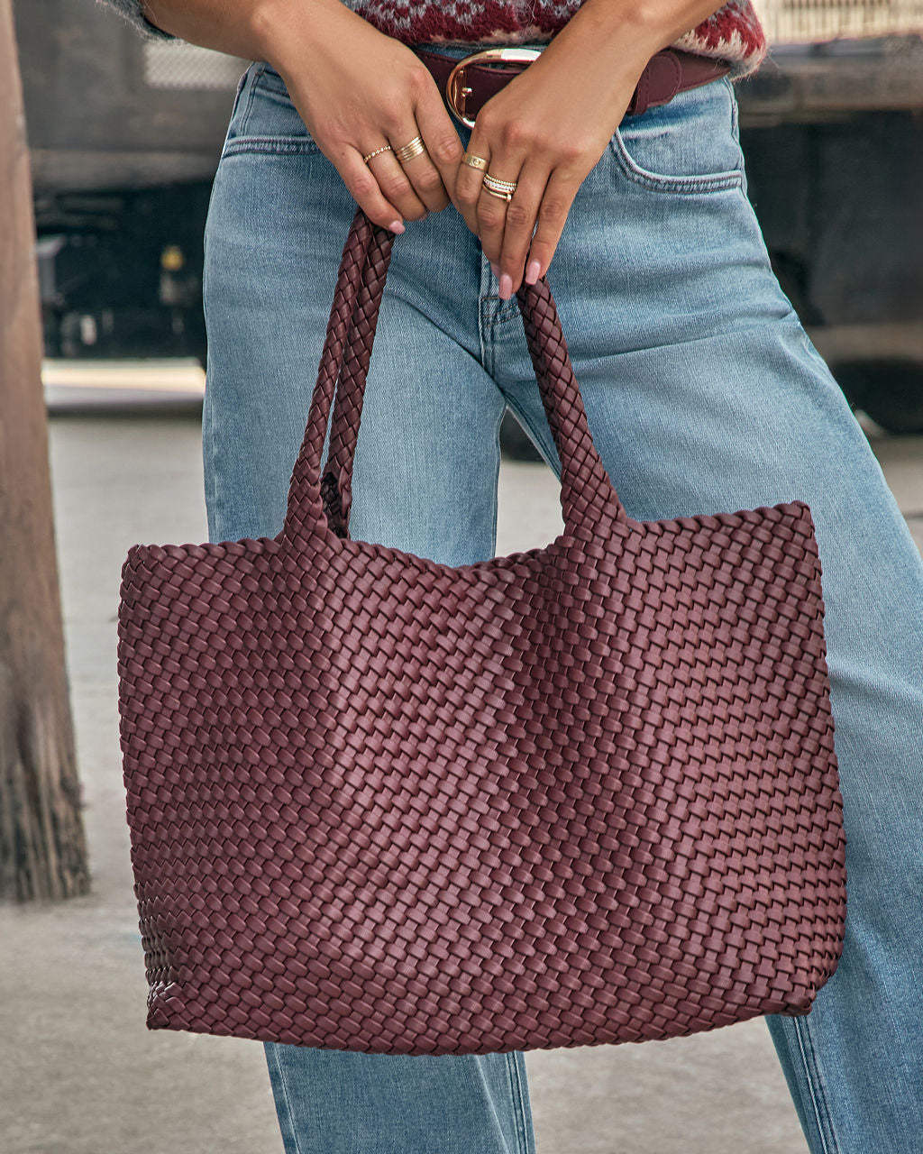 At My Side Woven Leather Tote With Insert-Vogue Logic