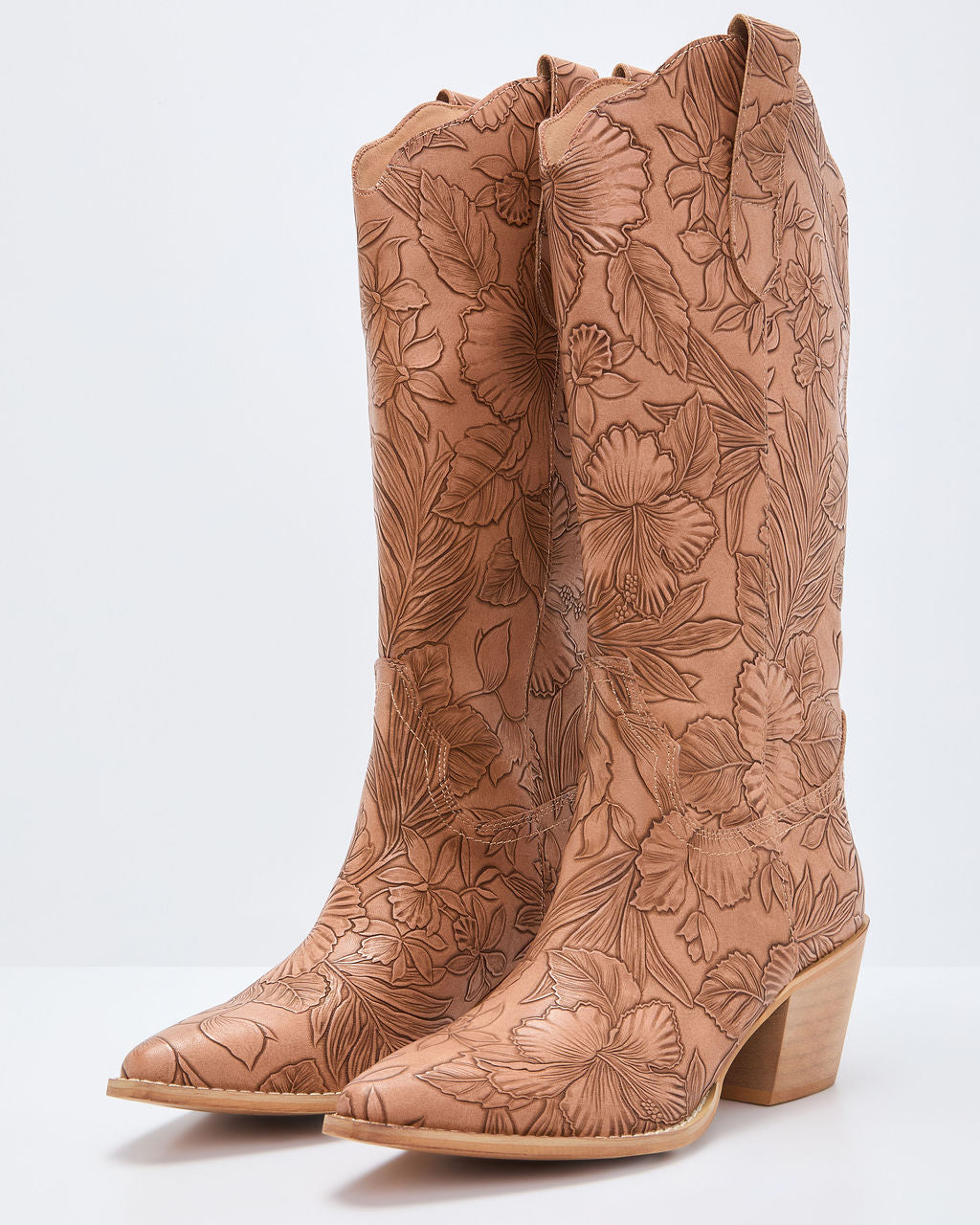 Katinna Embossed Floral Western Boots-Vogue Logic