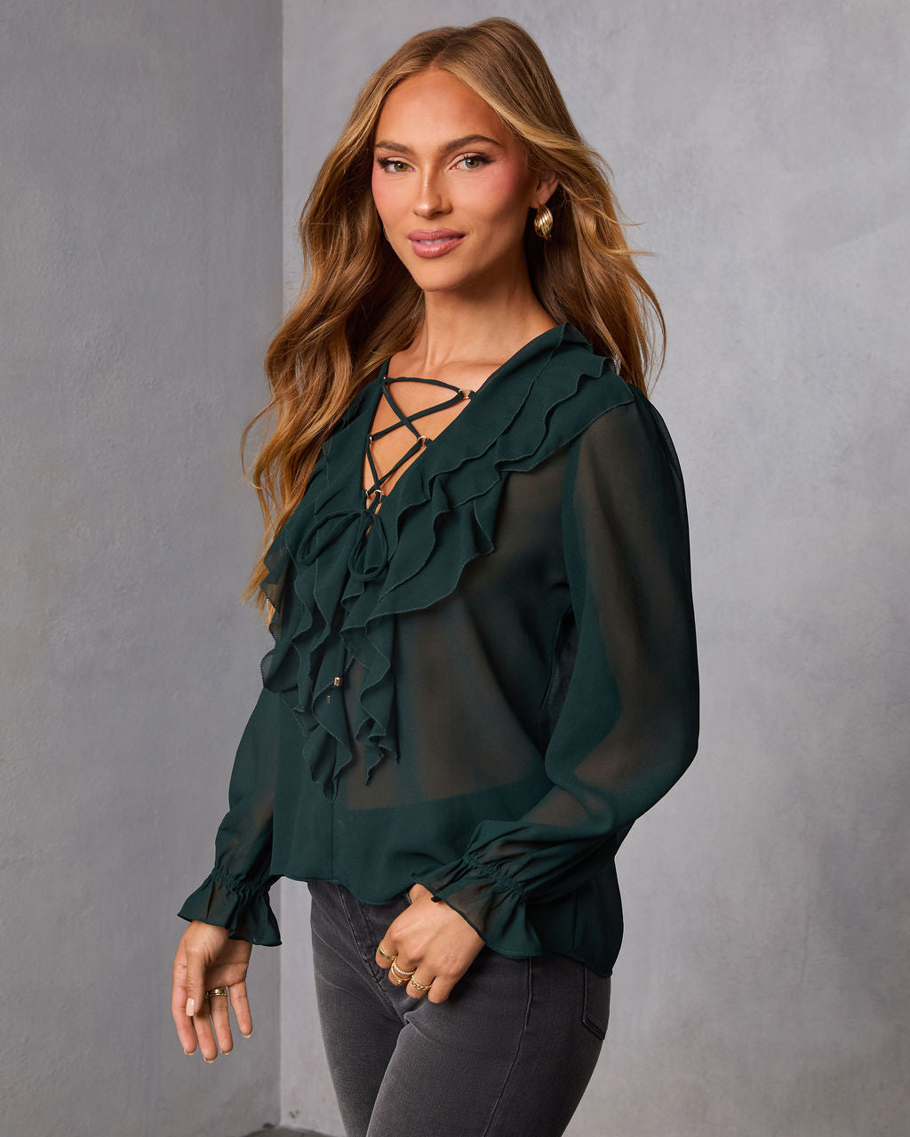 Prunella Ruffle Lace Up Top-Vogue Logic