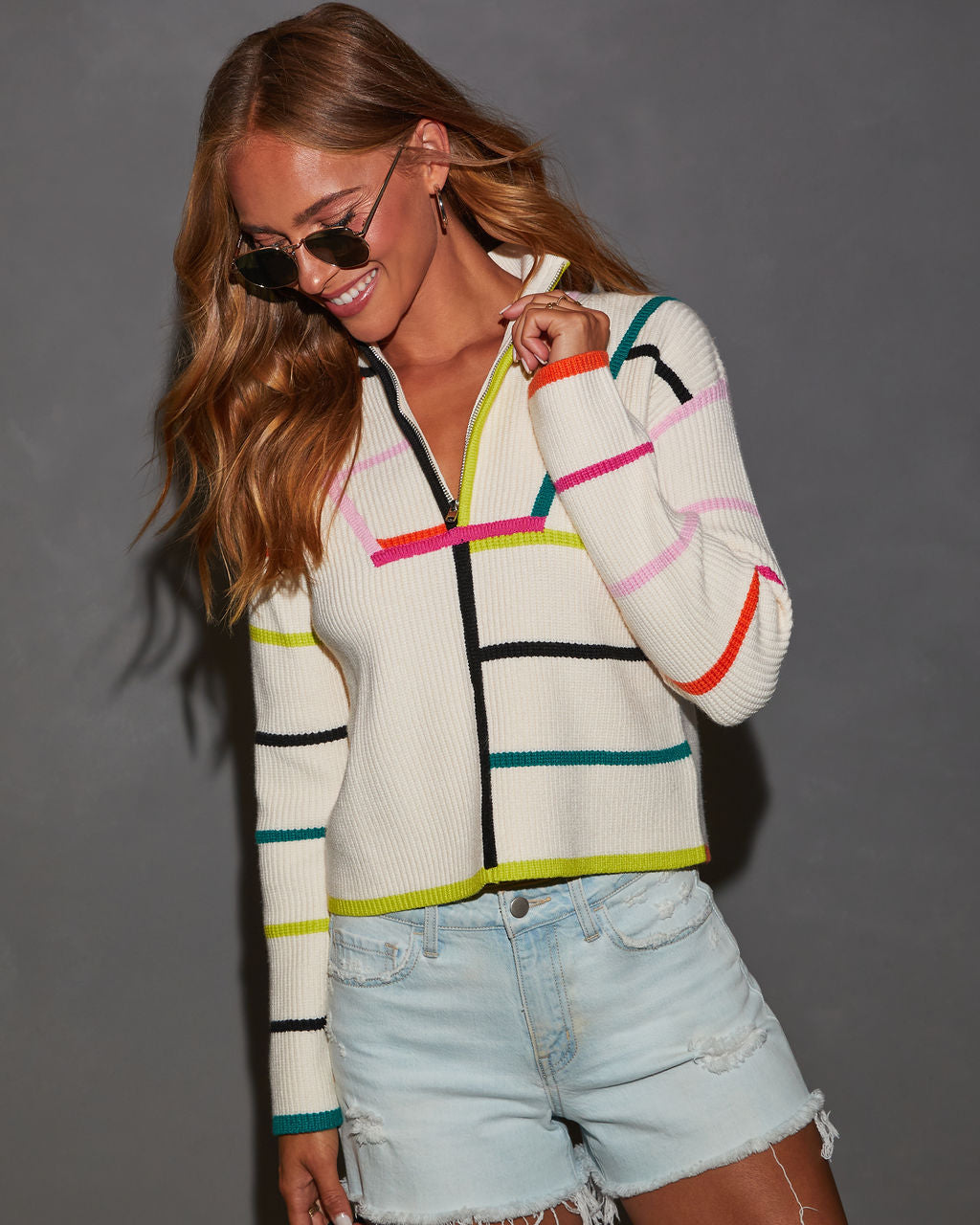 Starting Line Quarter Zip Stripe Sweater-Vogue Logic