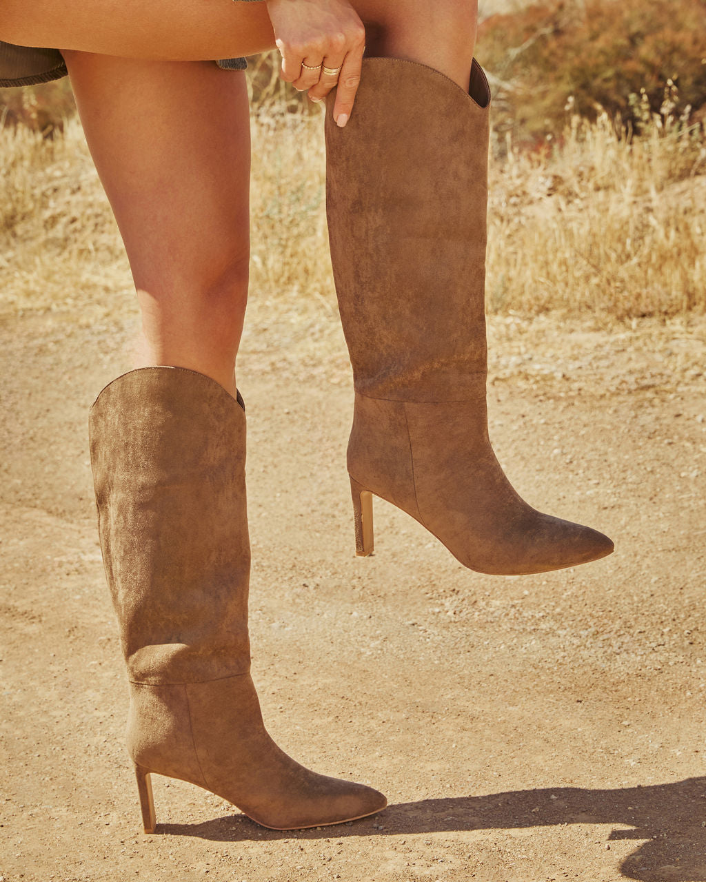 Honeyed Haze Suede Knee High Boots-Vogue Logic