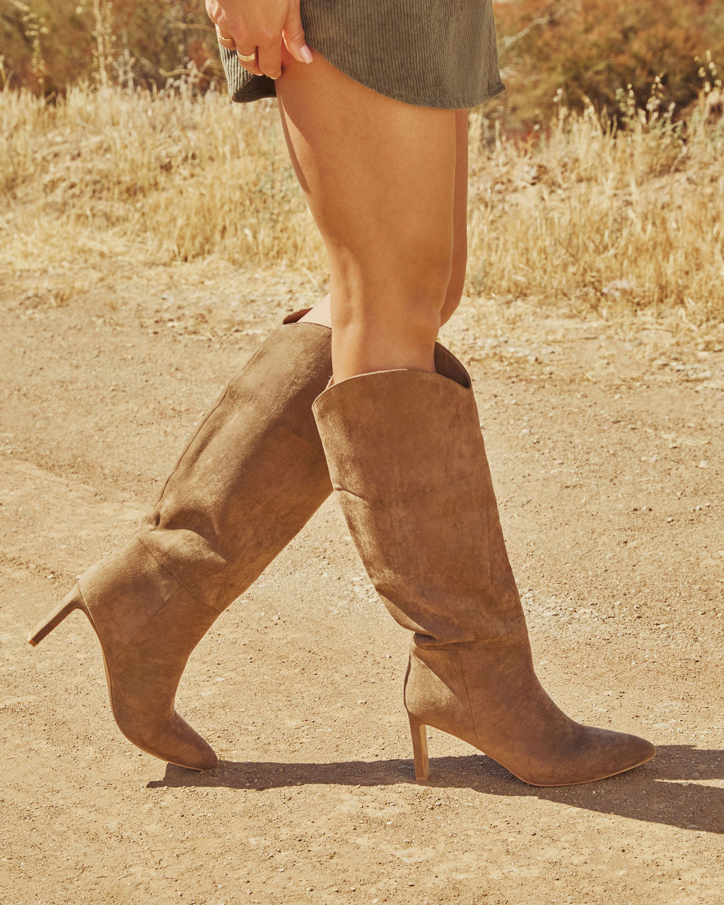 Honeyed Haze Suede Knee High Boots-Vogue Logic