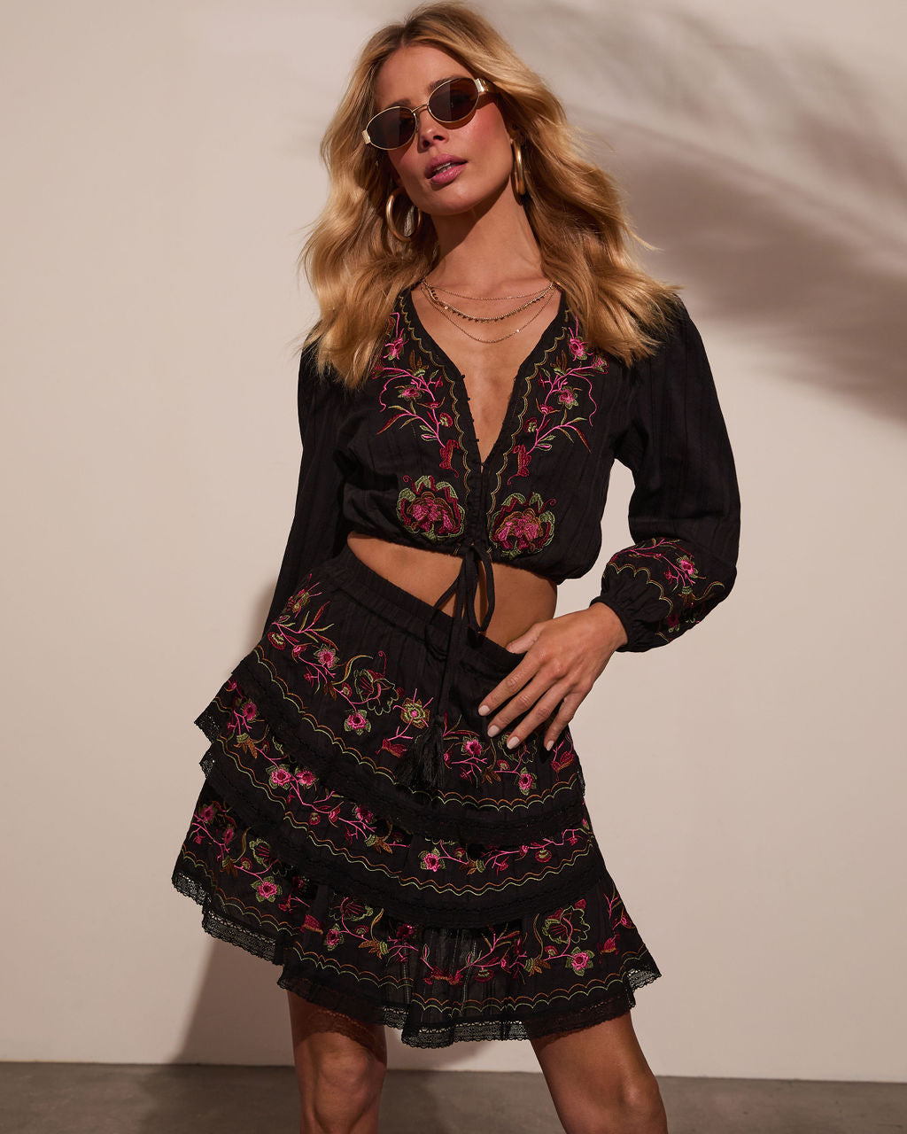 Trail of Flowers Tiered Floral Mini Skirt-Vogue Logic