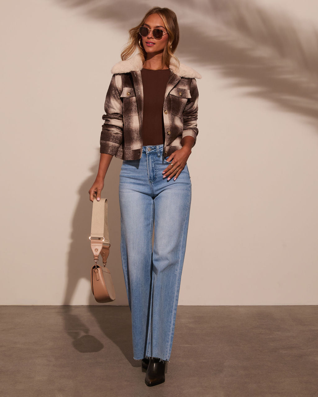 Warm Feels Fur Collar Plaid Jacket-Vogue Logic