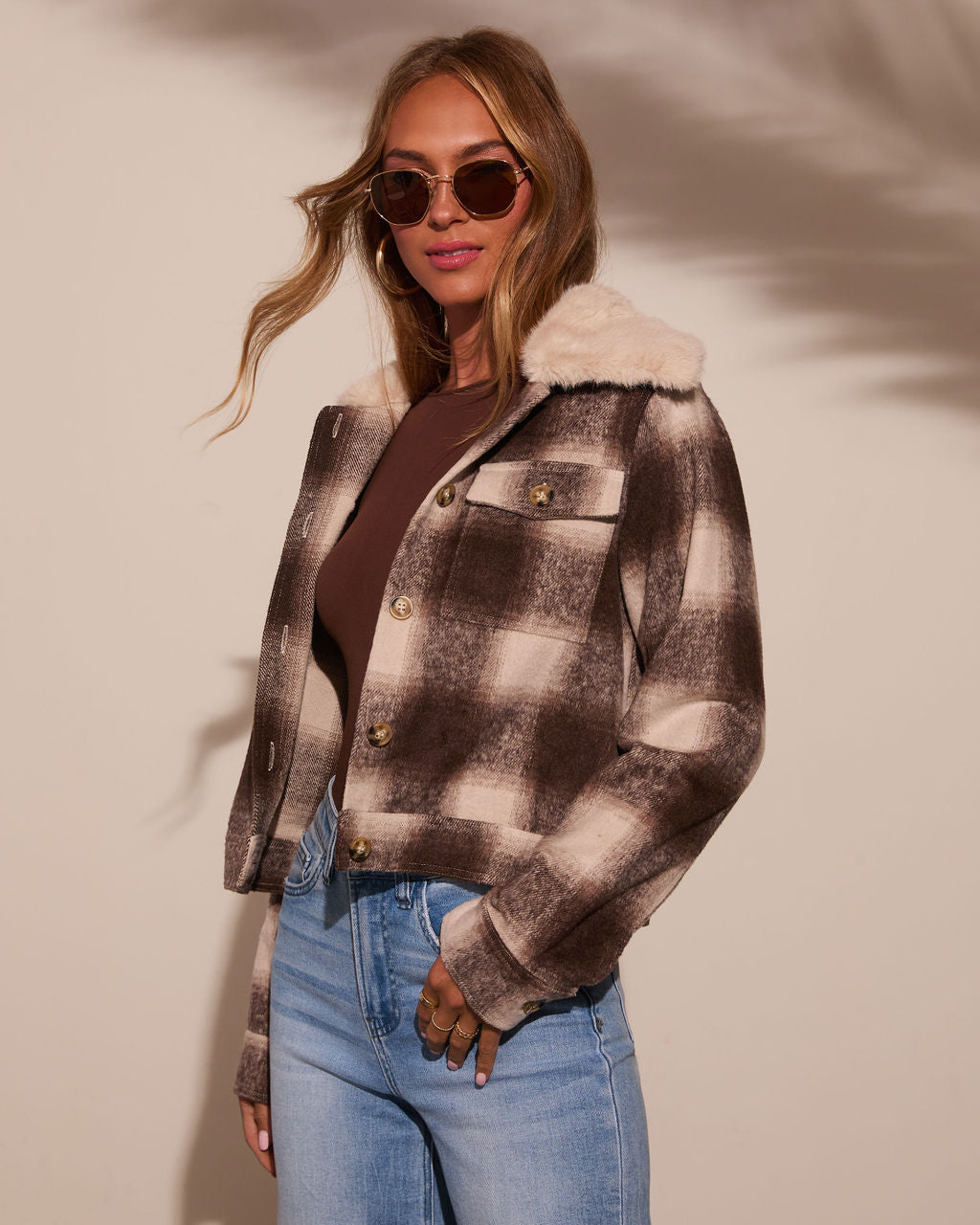 Warm Feels Fur Collar Plaid Jacket-Vogue Logic