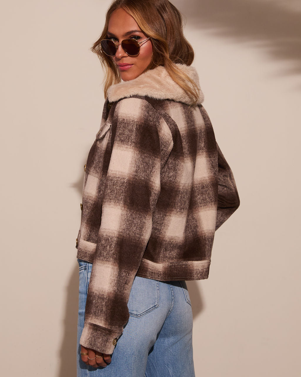 Warm Feels Fur Collar Plaid Jacket-Vogue Logic