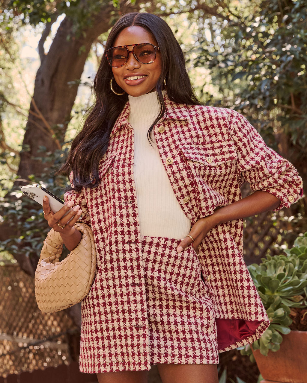 Jensin Tweed Houndstooth Shirt Jacket-Vogue Logic