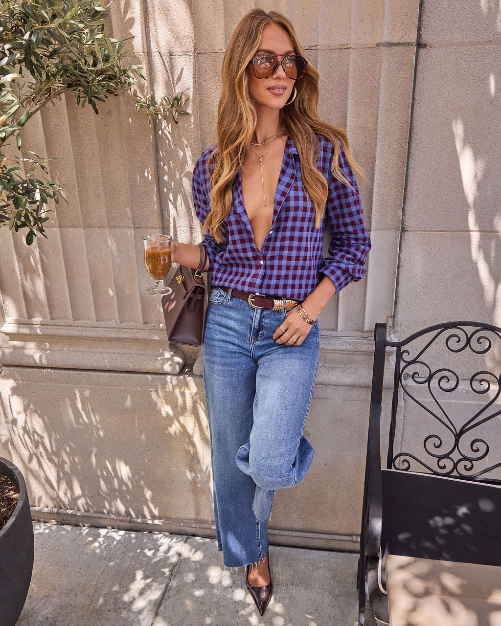 Kylin Plaid Button Down Top-Vogue Logic