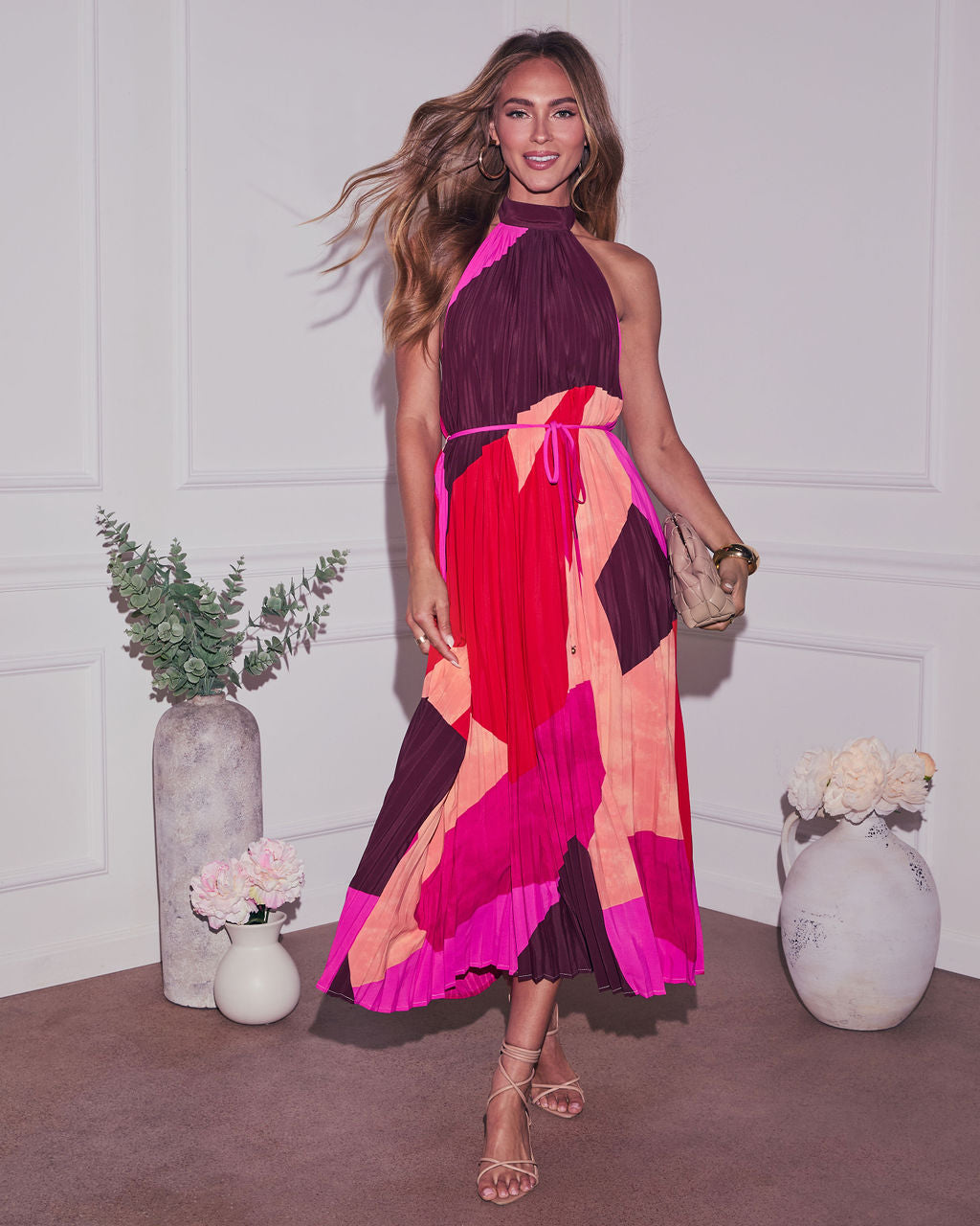 Cheyenne Abstract Pleated Halter Midi Dress-Vogue Logic