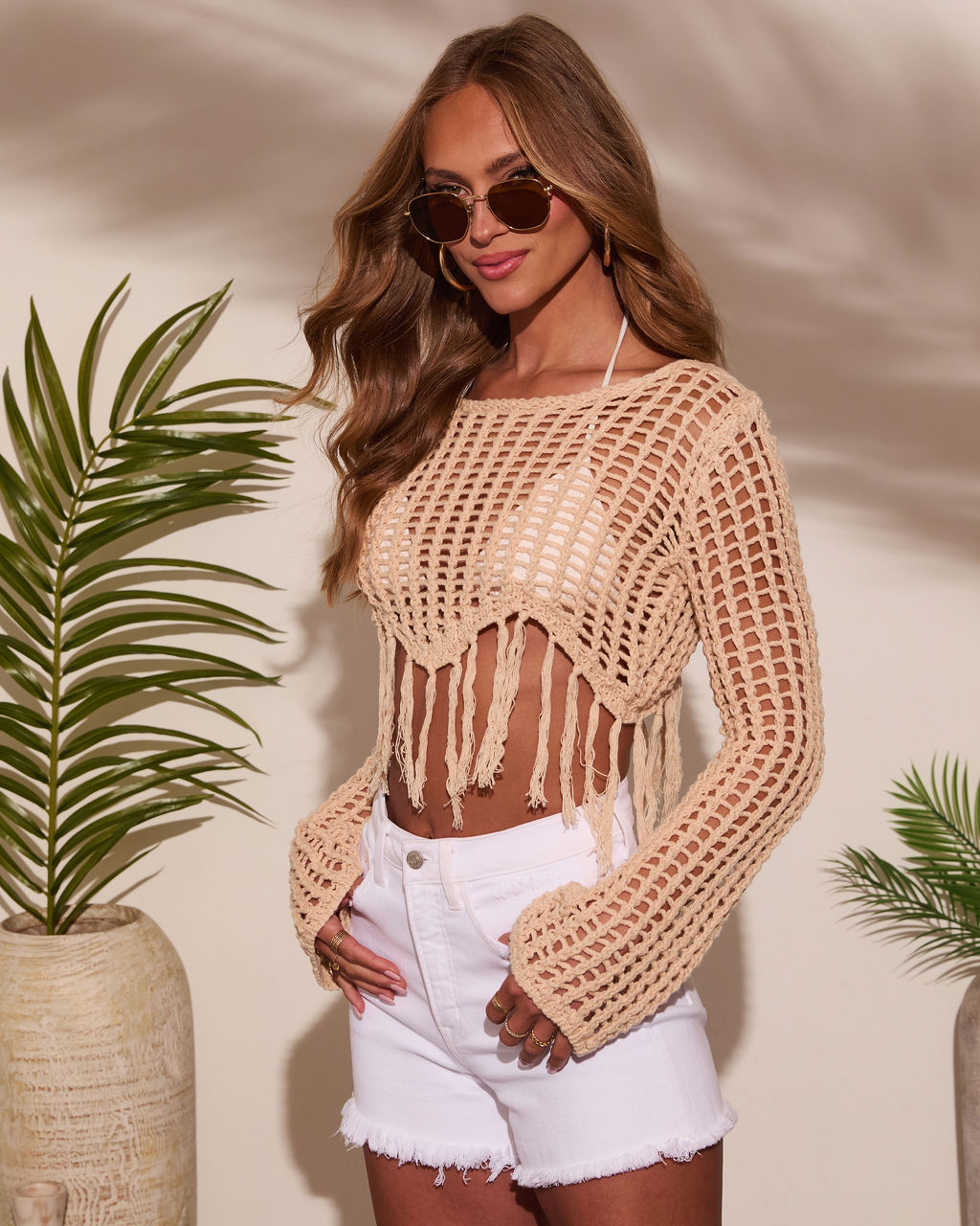 Arloe Open Knit Fringe Crochet Top-Vogue Logic