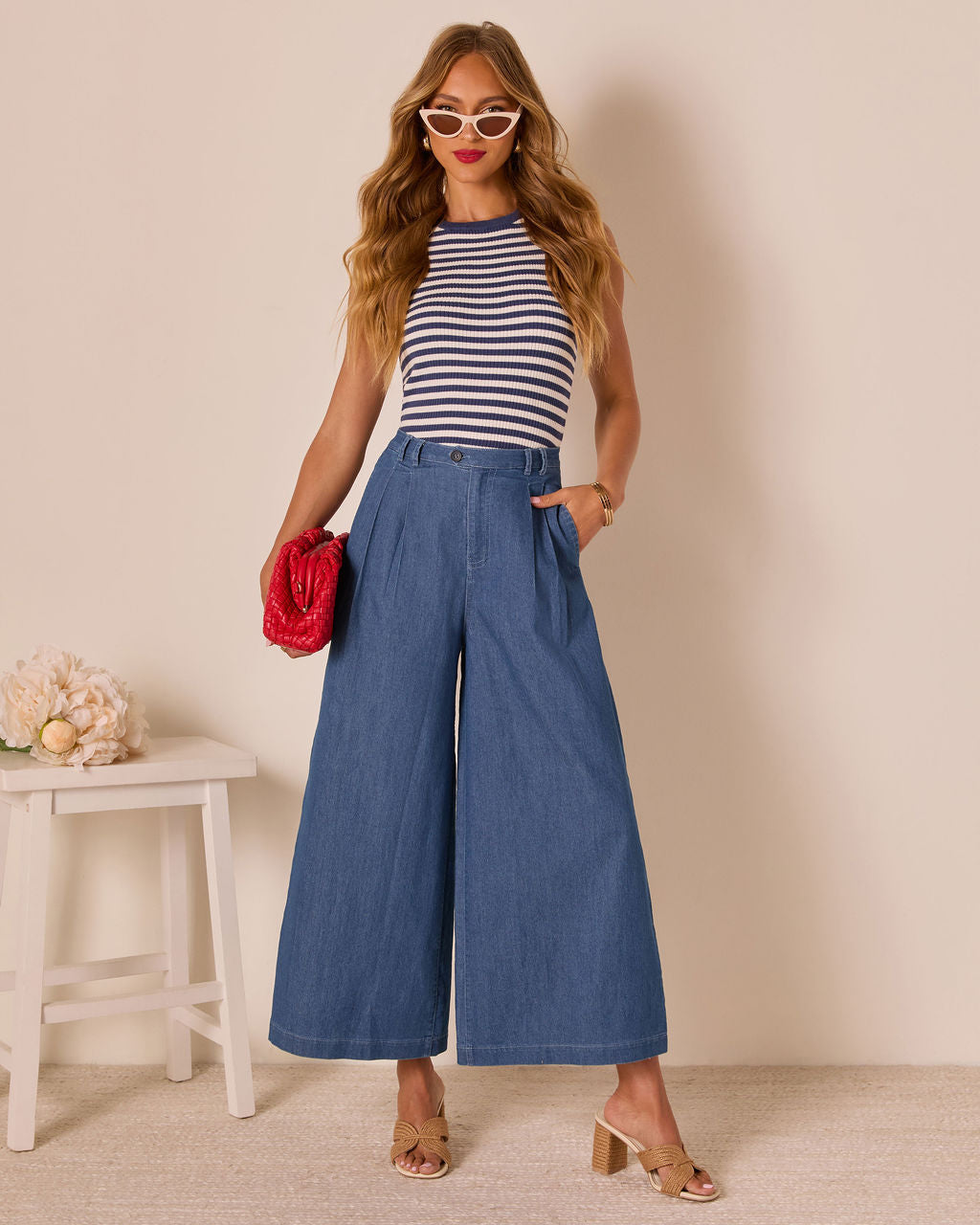 Celadine Wide Leg Pleated Chambray Pants-Vogue Logic