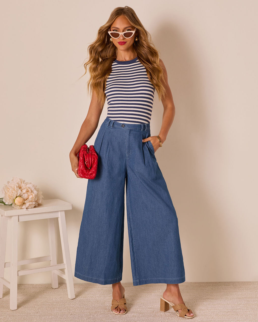 Celadine Wide Leg Pleated Chambray Pants-Vogue Logic