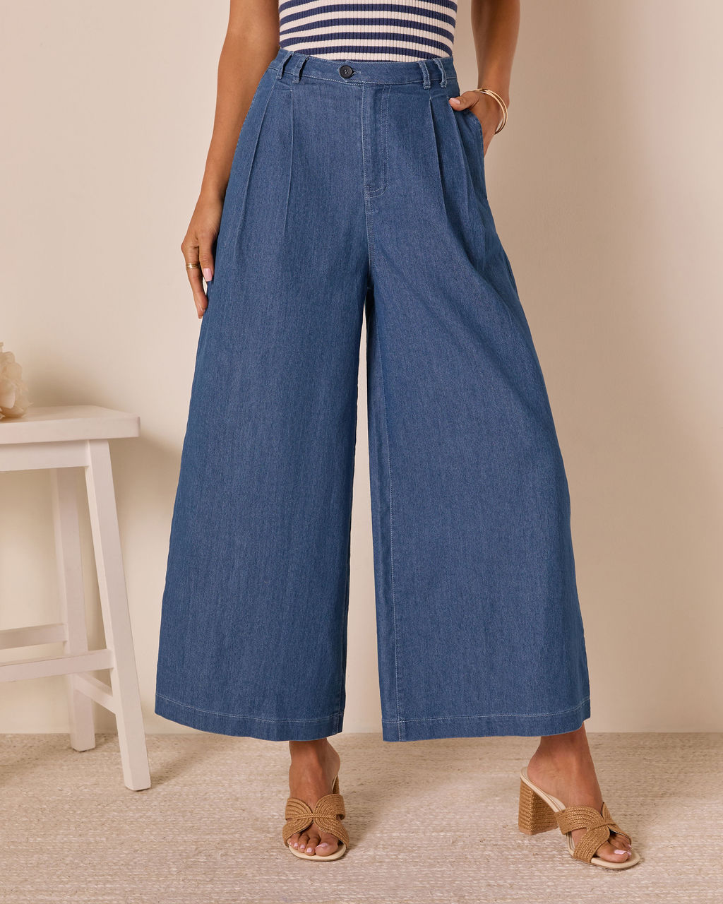 Celadine Wide Leg Pleated Chambray Pants-Vogue Logic