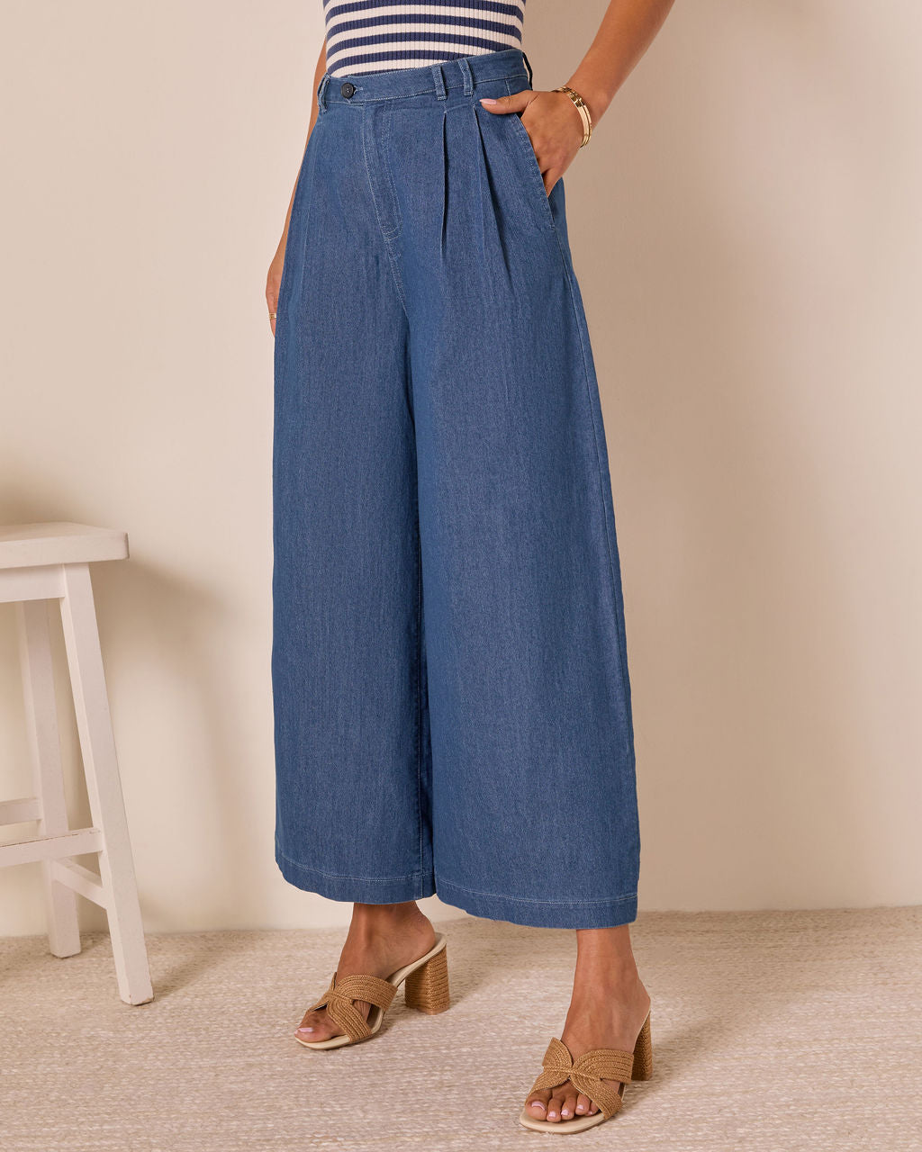 Celadine Wide Leg Pleated Chambray Pants-Vogue Logic
