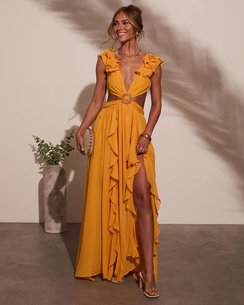 Carlita Ruffle Cutout Maxi Dress-Vogue Logic