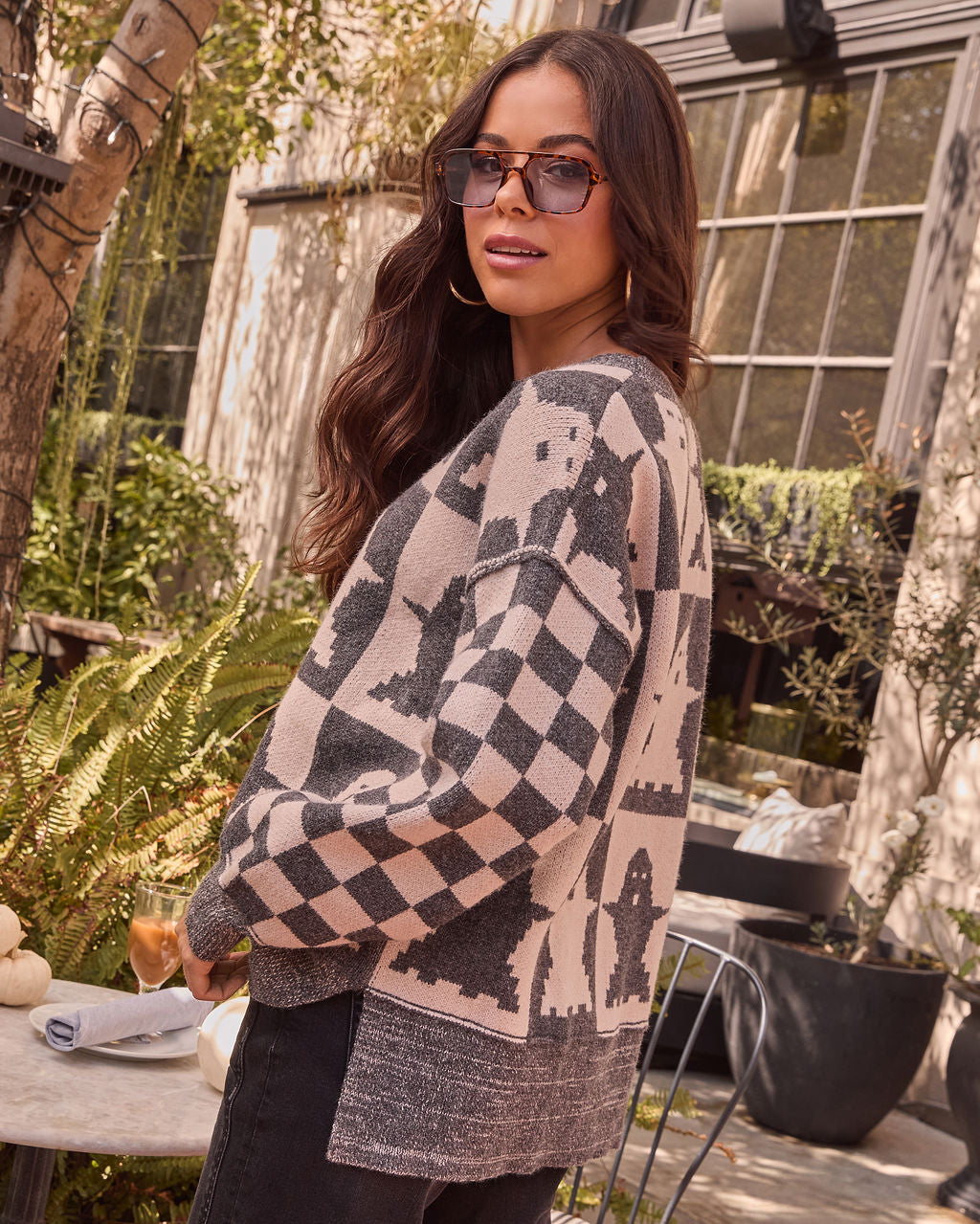 Checkered Spirits Intarsia Knit Ghost Sweater-Vogue Logic