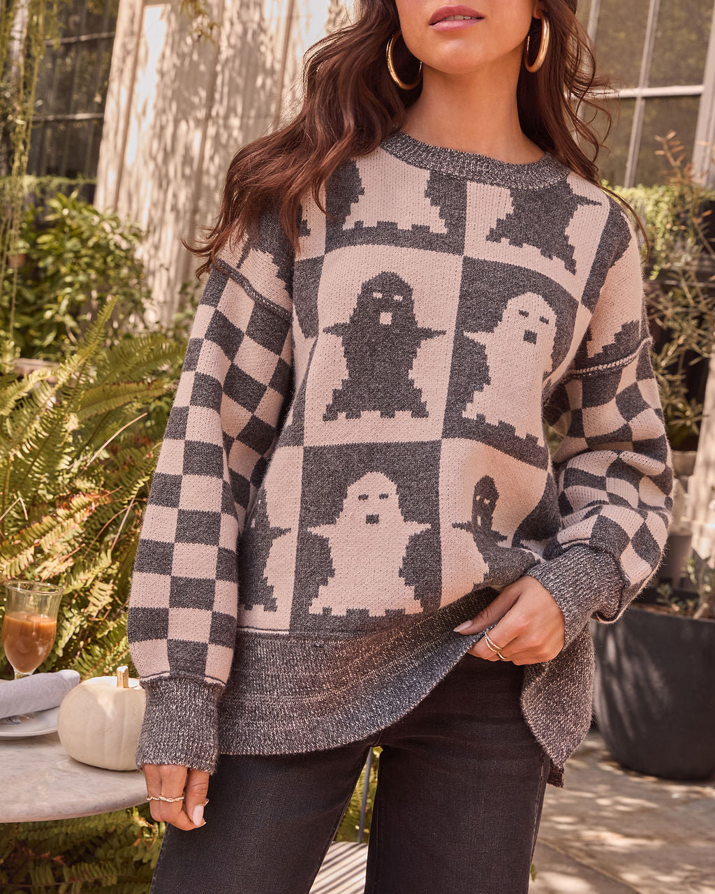Checkered Spirits Intarsia Knit Ghost Sweater-Vogue Logic
