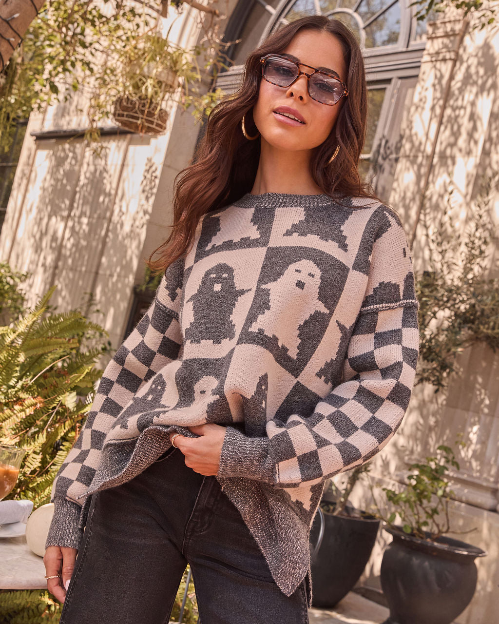 Checkered Spirits Intarsia Knit Ghost Sweater-Vogue Logic