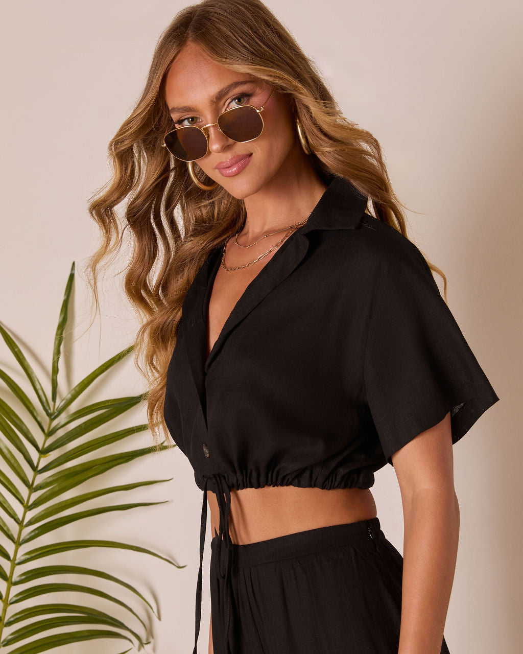 Gabbie Short Sleeve Collared Button Up Top-Vogue Logic