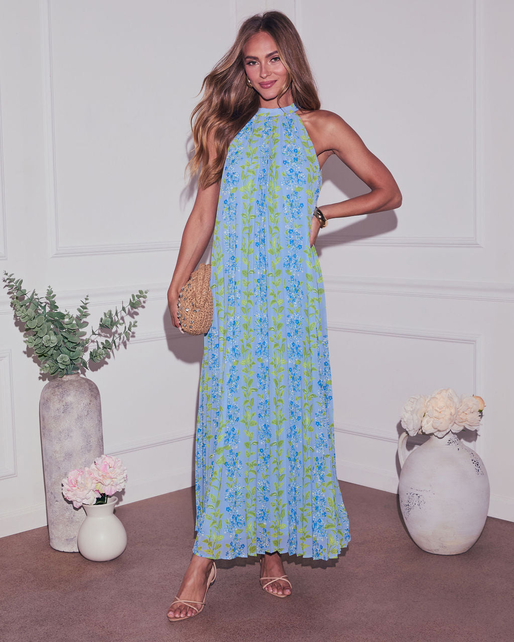 Vaughn Floral Pleated Halter Maxi Dress-Vogue Logic