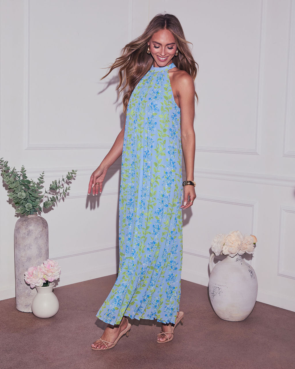 Vaughn Floral Pleated Halter Maxi Dress-Vogue Logic