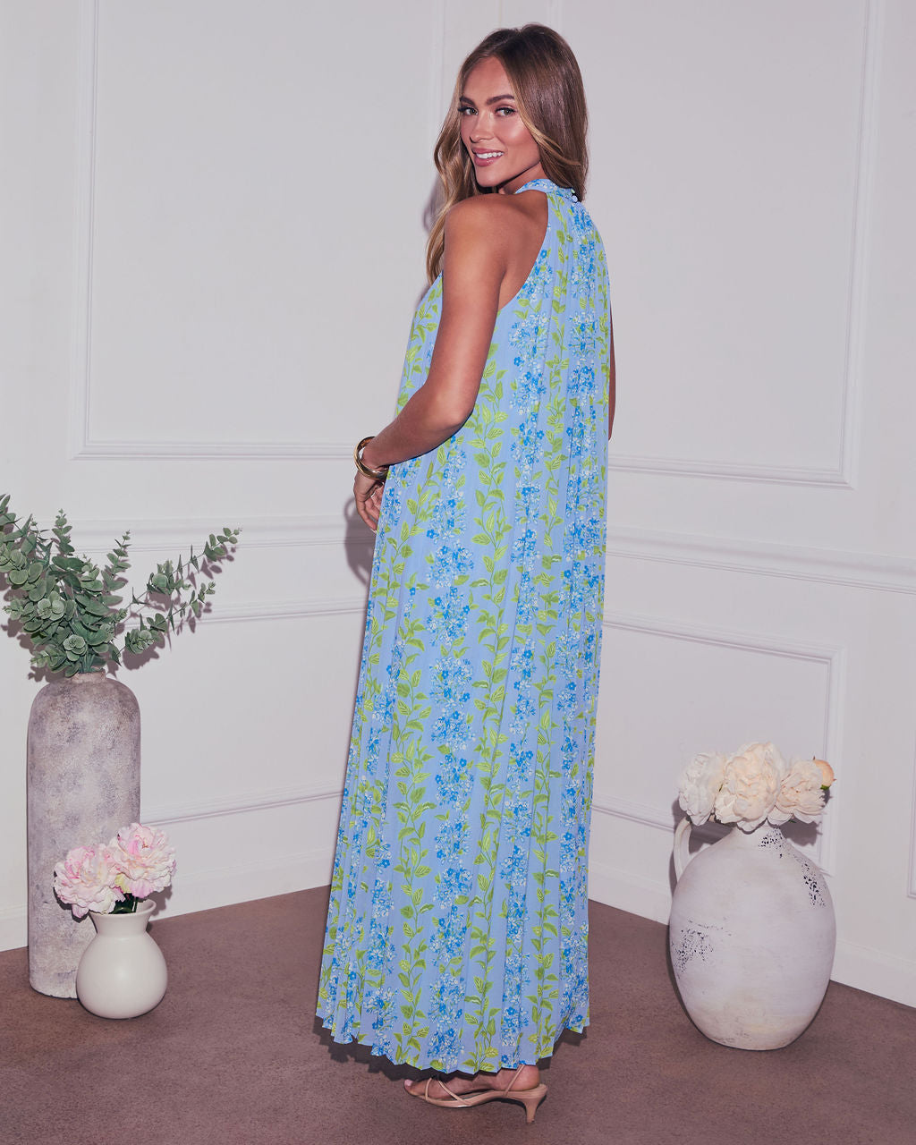 Vaughn Floral Pleated Halter Maxi Dress-Vogue Logic