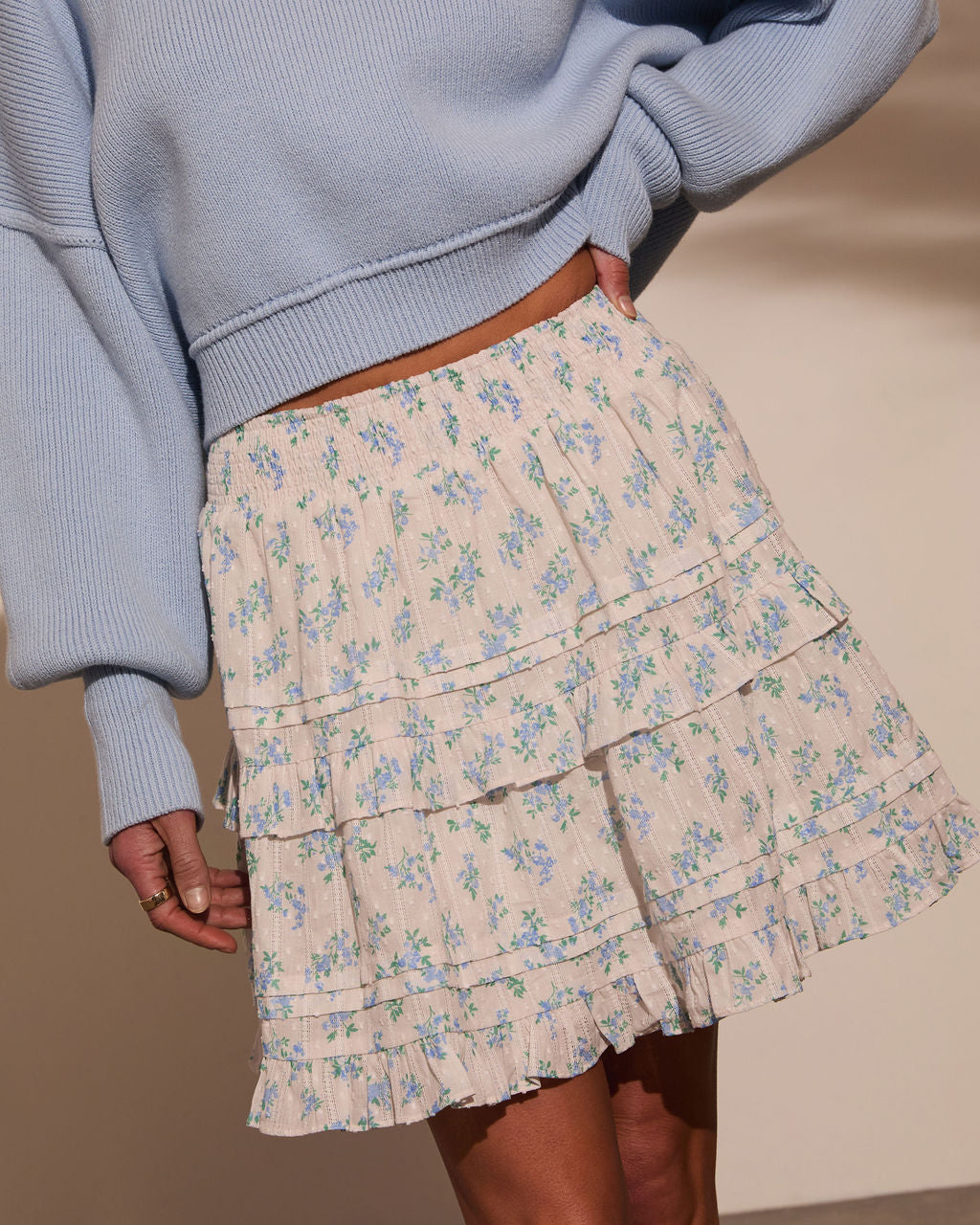 Elderflower Ruffle Floral Mini Skirt-Vogue Logic