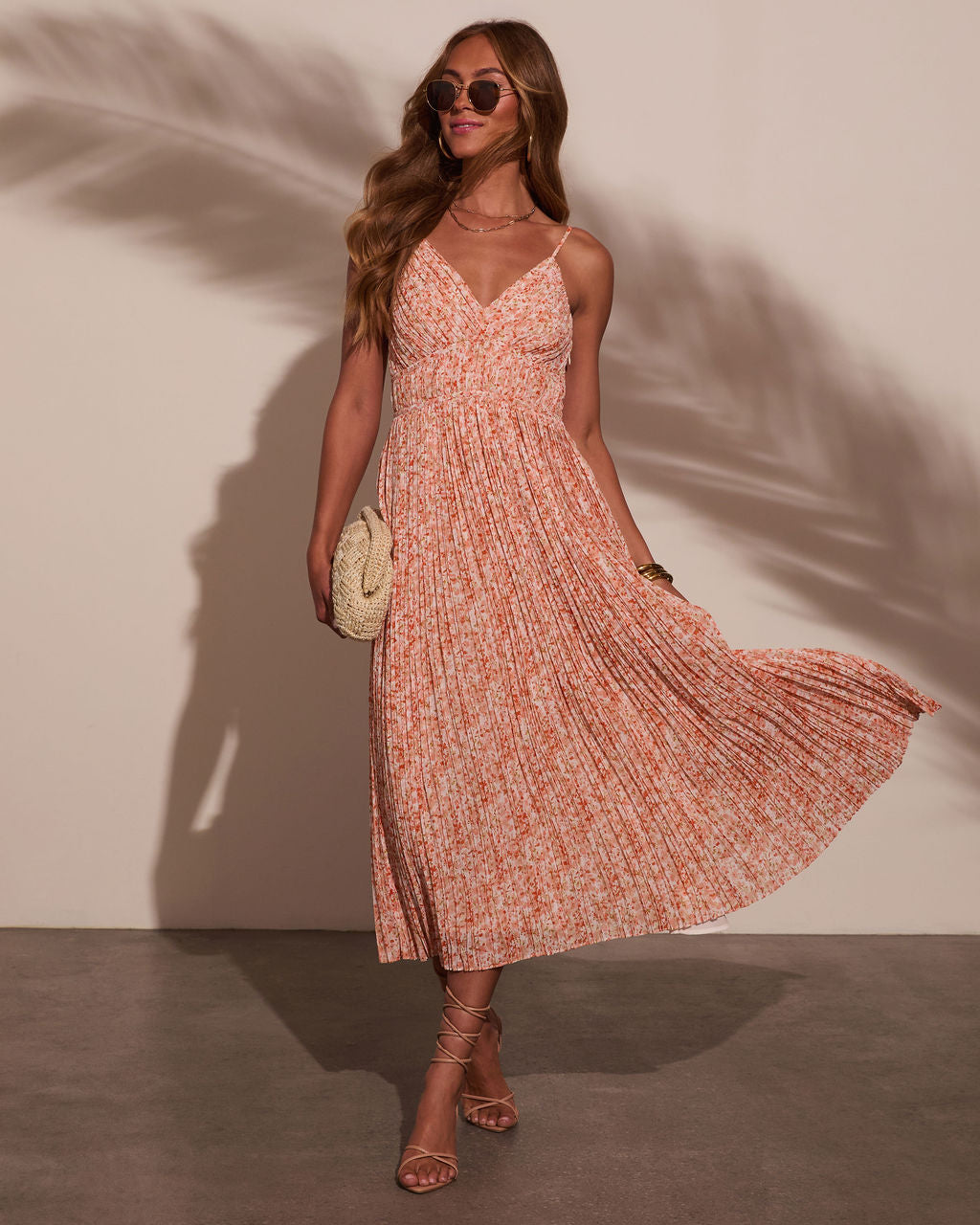 Sunset Kiss Pleated Floral Midi Dress-Vogue Logic