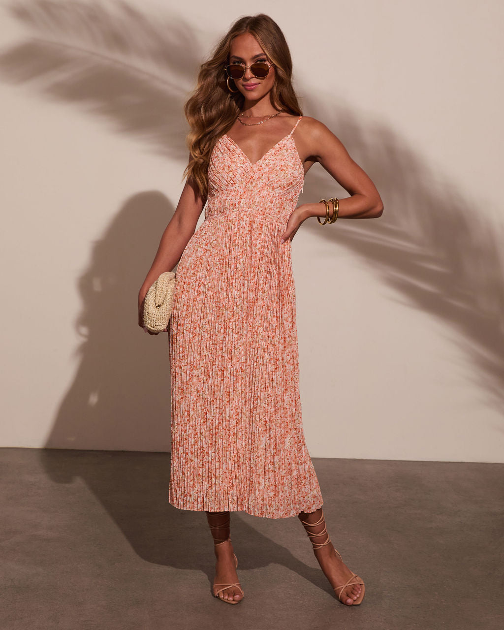 Sunset Kiss Pleated Floral Midi Dress-Vogue Logic