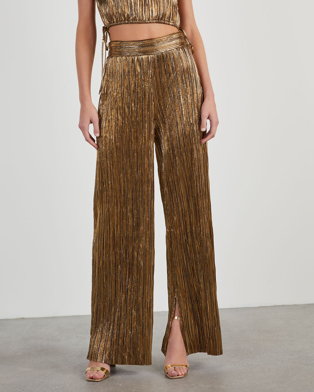 Sinclair Metallic Plisse Trouser Pants-Vogue Logic
