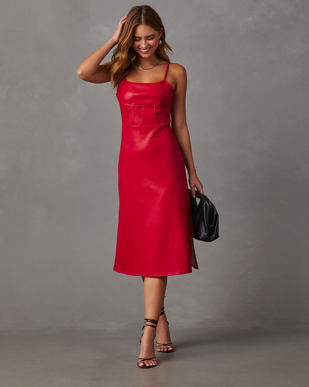 Lovette Faux Leather Midi Dress-Vogue Logic