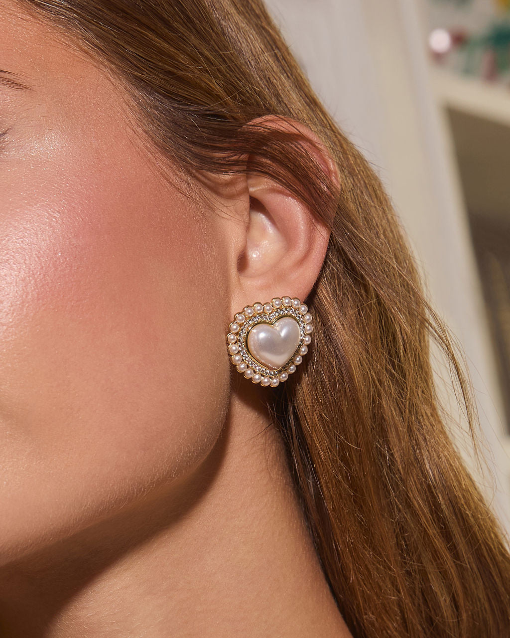 Stole My Heart Gold Pearl Heart Studs-Vogue Logic